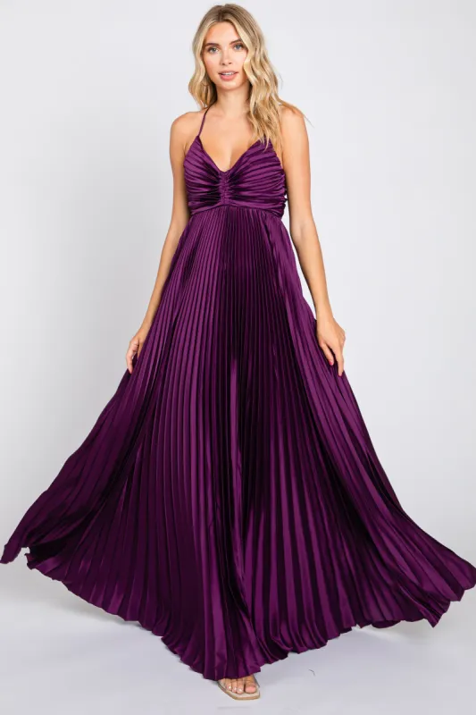 Plum Satin Pleated Cutout Gown sold by Pinkblush