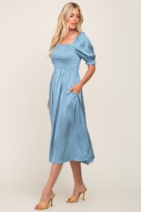 Blue Satin Puff Sleeve Midi Dress sold by Pinkblush