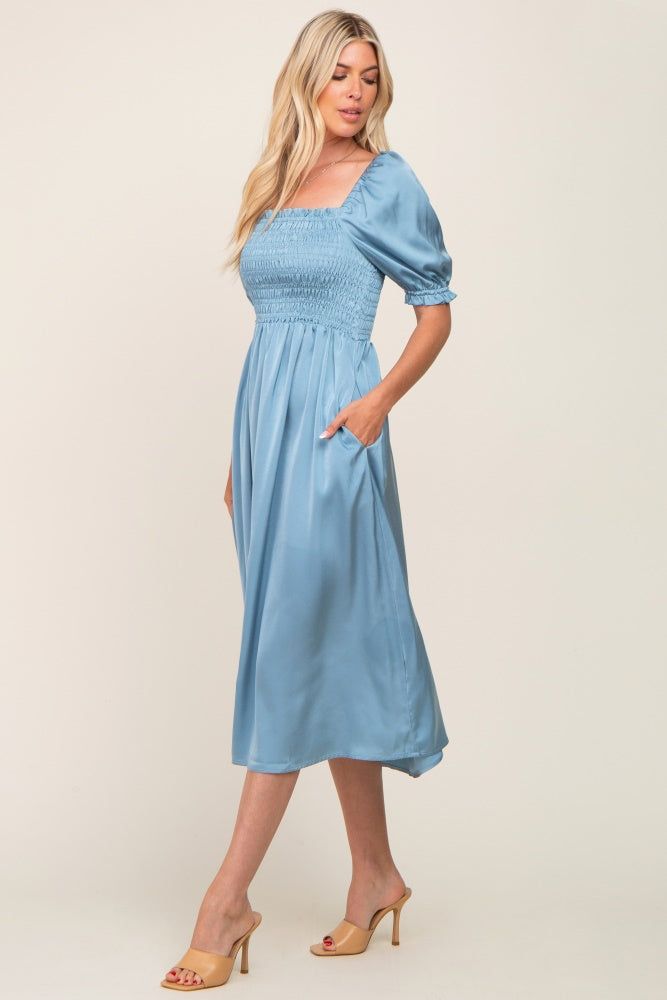 Blue Satin Puff Sleeve Midi Dress sold by Pinkblush product image thumbnail 2
