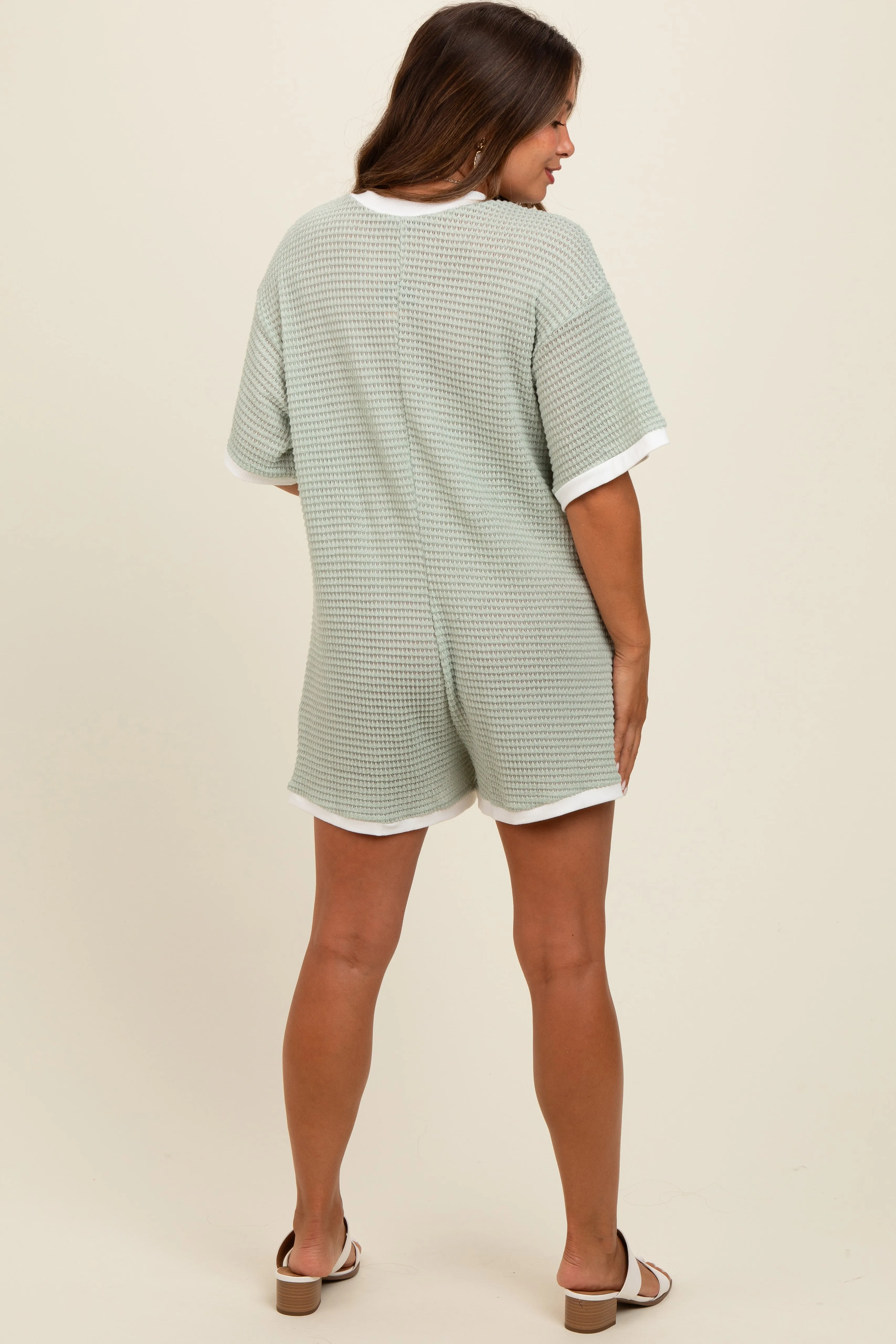 Light Olive Knit Contrast Trim Deep V-Neck Maternity Romper sold by Pinkblush product image thumbnail 4