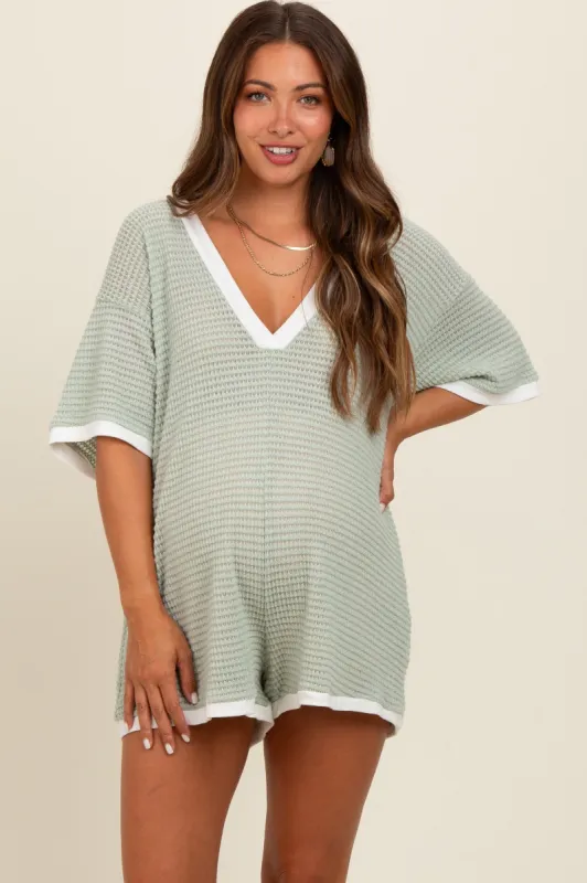 Light Olive Knit Contrast Trim Deep V-Neck Maternity Romper sold by Pinkblush