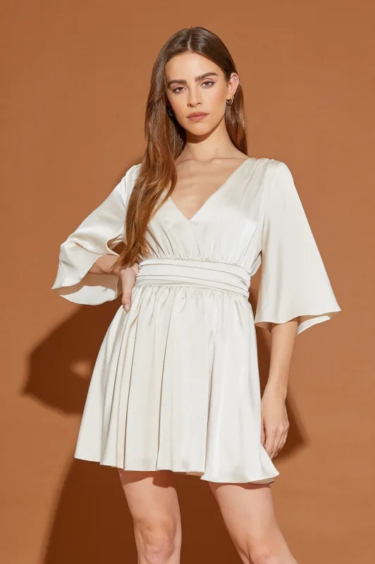 Ecru Waist Tuck Detail V-Neck Dress sold by Pinkblush