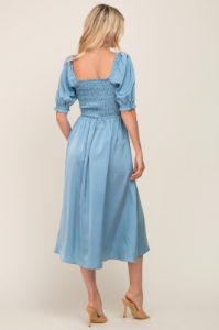 Blue Satin Puff Sleeve Midi Dress sold by Pinkblush