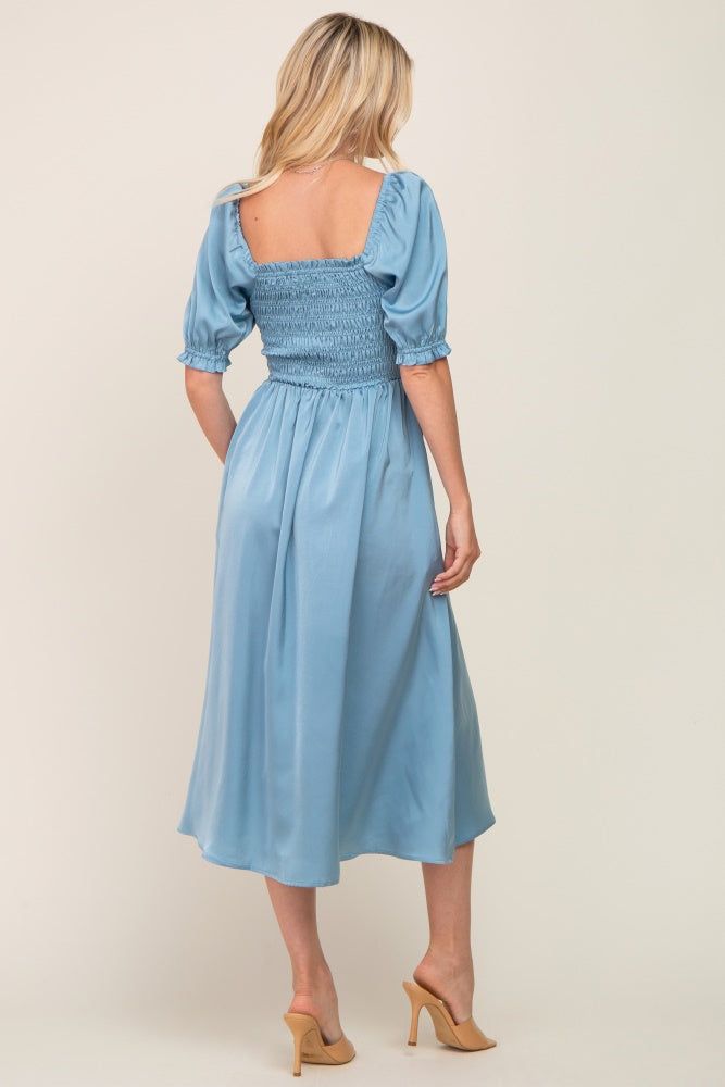 Blue Satin Puff Sleeve Midi Dress sold by Pinkblush product image thumbnail 3