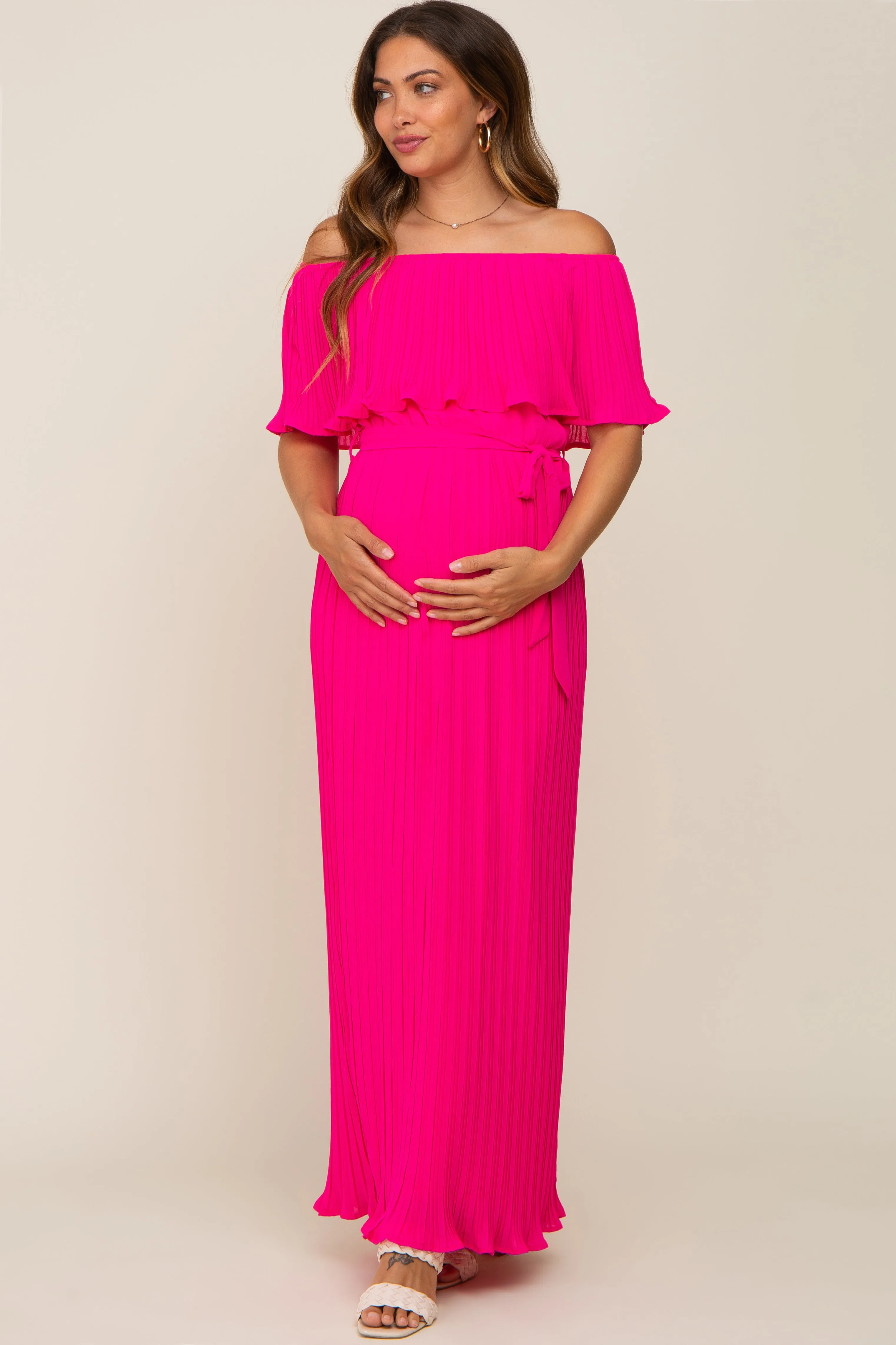 Fuchsia Pleated Off Shoulder Maternity Maxi Dress sold by Pinkblush product image thumbnail 4