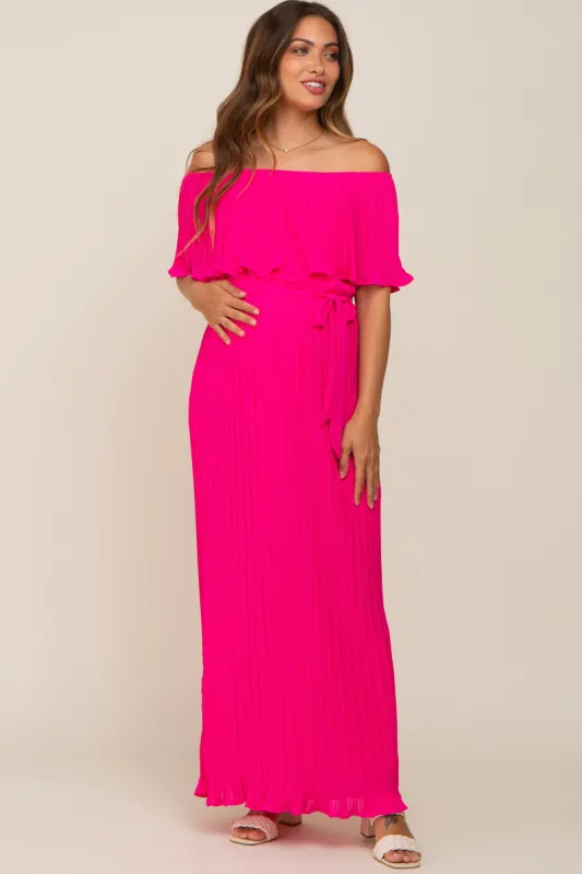 Fuchsia Pleated Off Shoulder Maternity Maxi Dress sold by Pinkblush