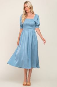 Blue Satin Puff Sleeve Midi Dress sold by Pinkblush