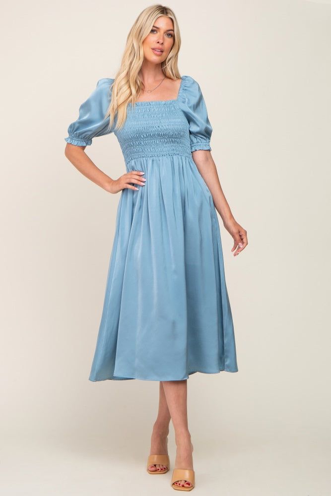Blue Satin Puff Sleeve Midi Dress sold by Pinkblush