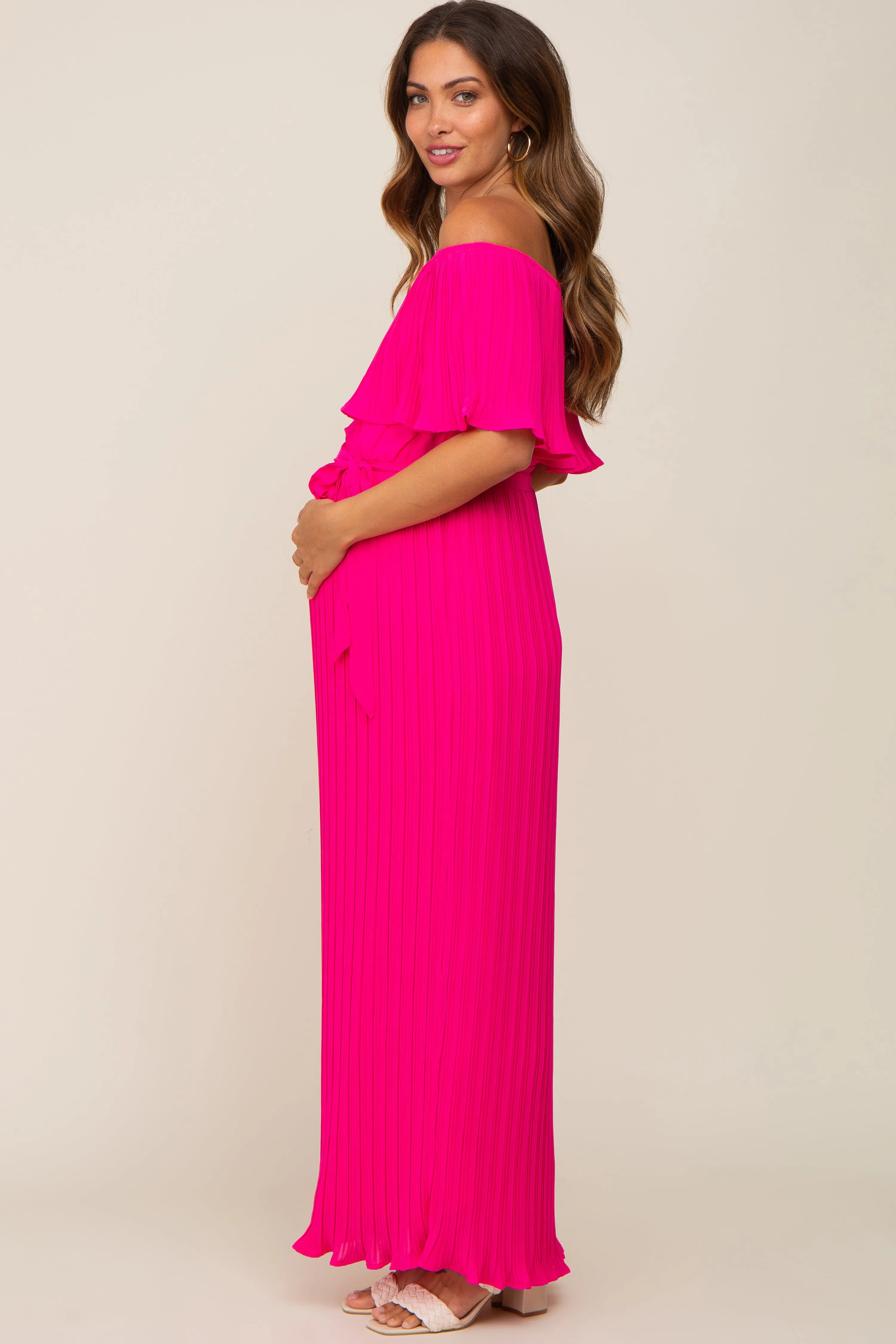 Fuchsia Pleated Off Shoulder Maternity Maxi Dress sold by Pinkblush product image thumbnail 2
