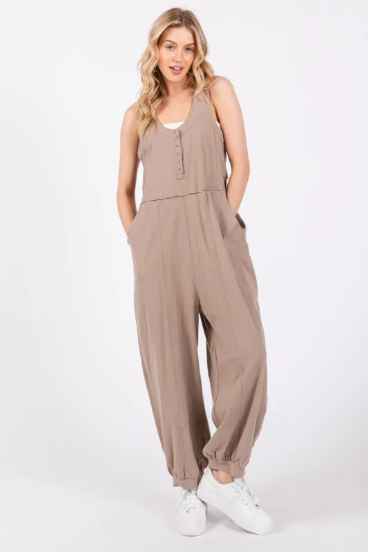 Taupe Loose Fit Sleeveless Jumpsuit sold by Pinkblush