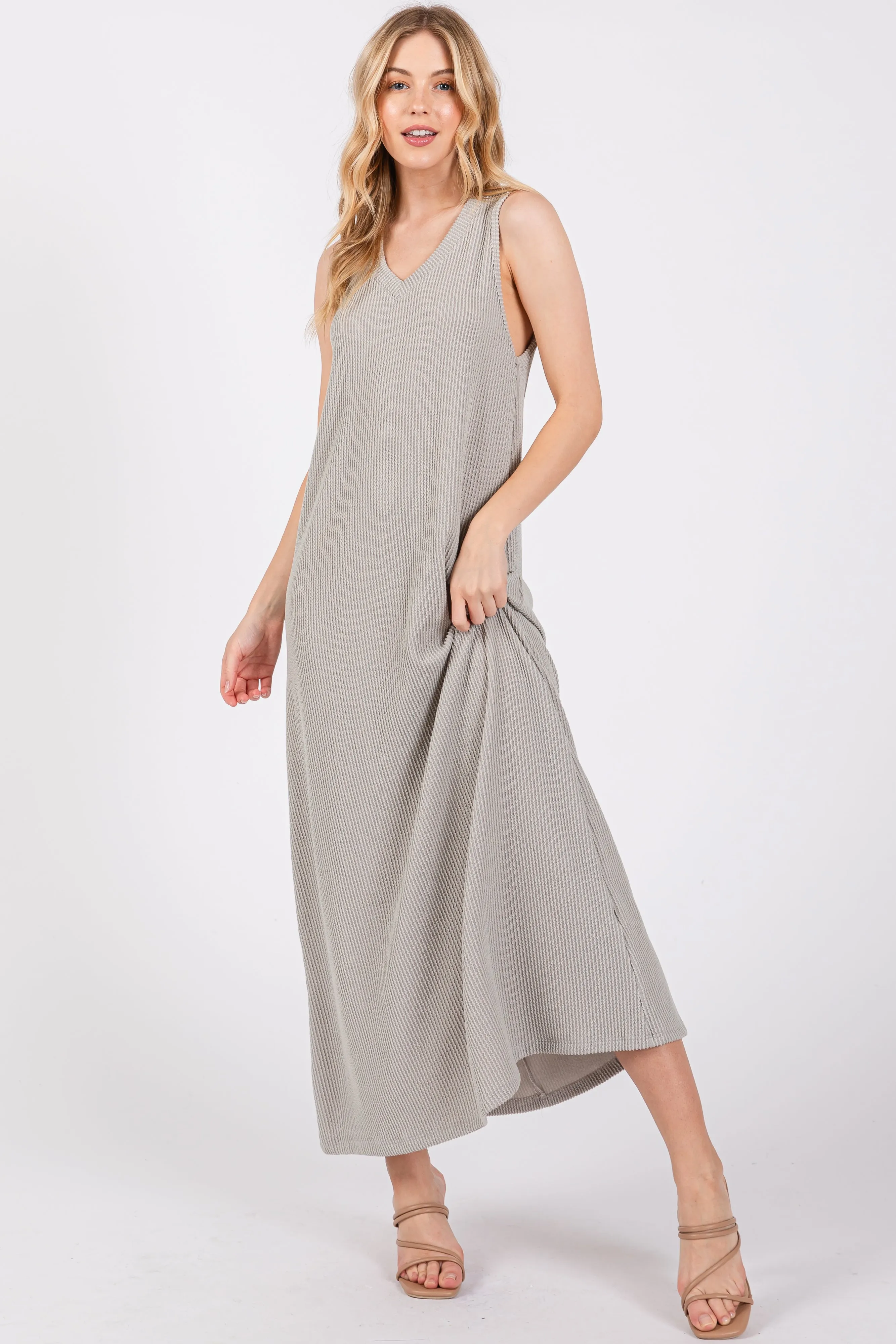 Grey Sleeveless Ribbed Maxi Dress sold by Pinkblush