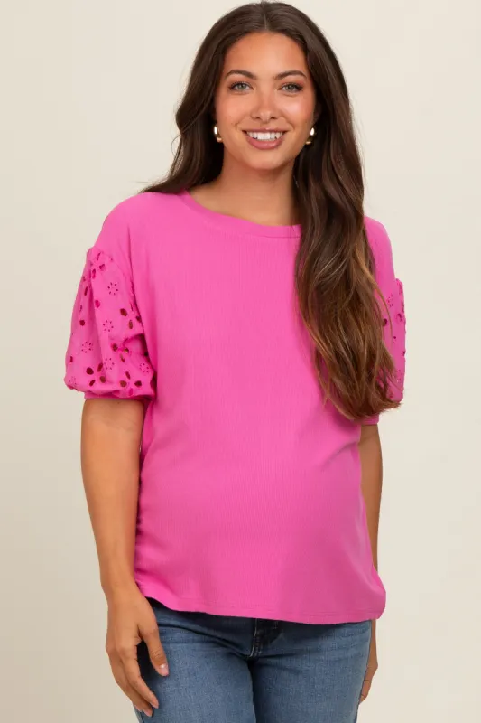 Pink Short Puff Eyelet Lace Floral Sleeve Maternity Top sold by Pinkblush