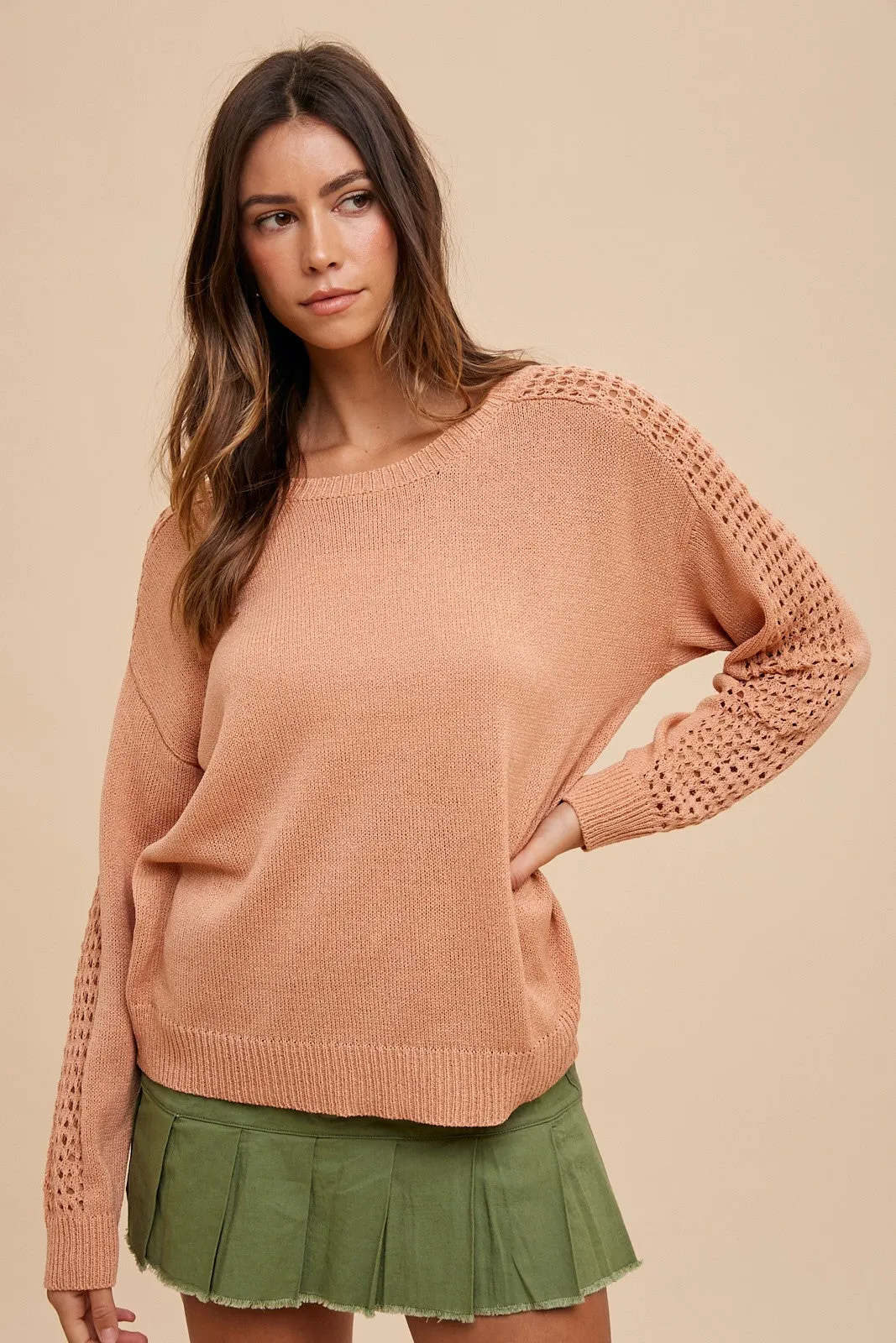 Peach Crochet Detail Sleeve Knit Top sold by Pinkblush