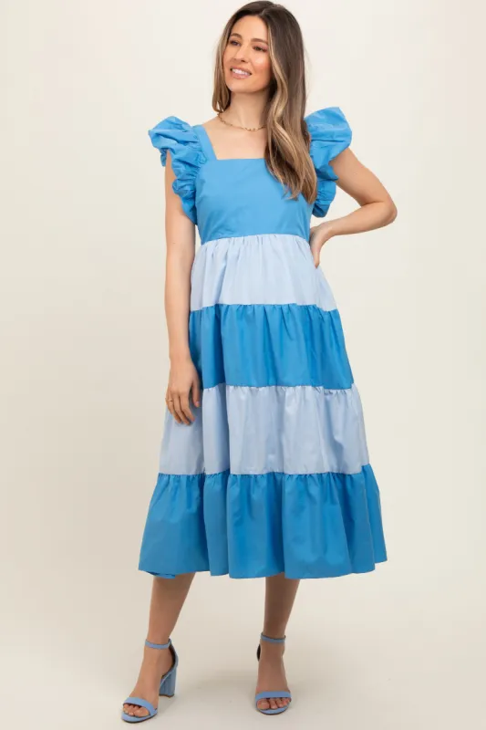 Blue Coloblock Puff Sleeve Maternity Midi Dress sold by Pinkblush