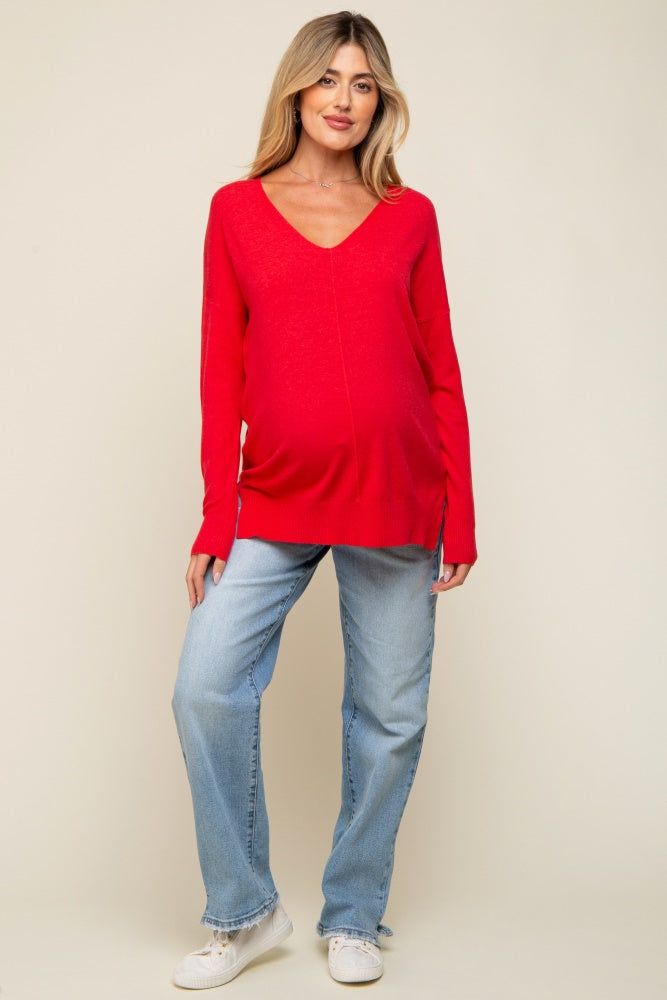 Red Long Sleeve Side Slit Maternity Sweater sold by Pinkblush
