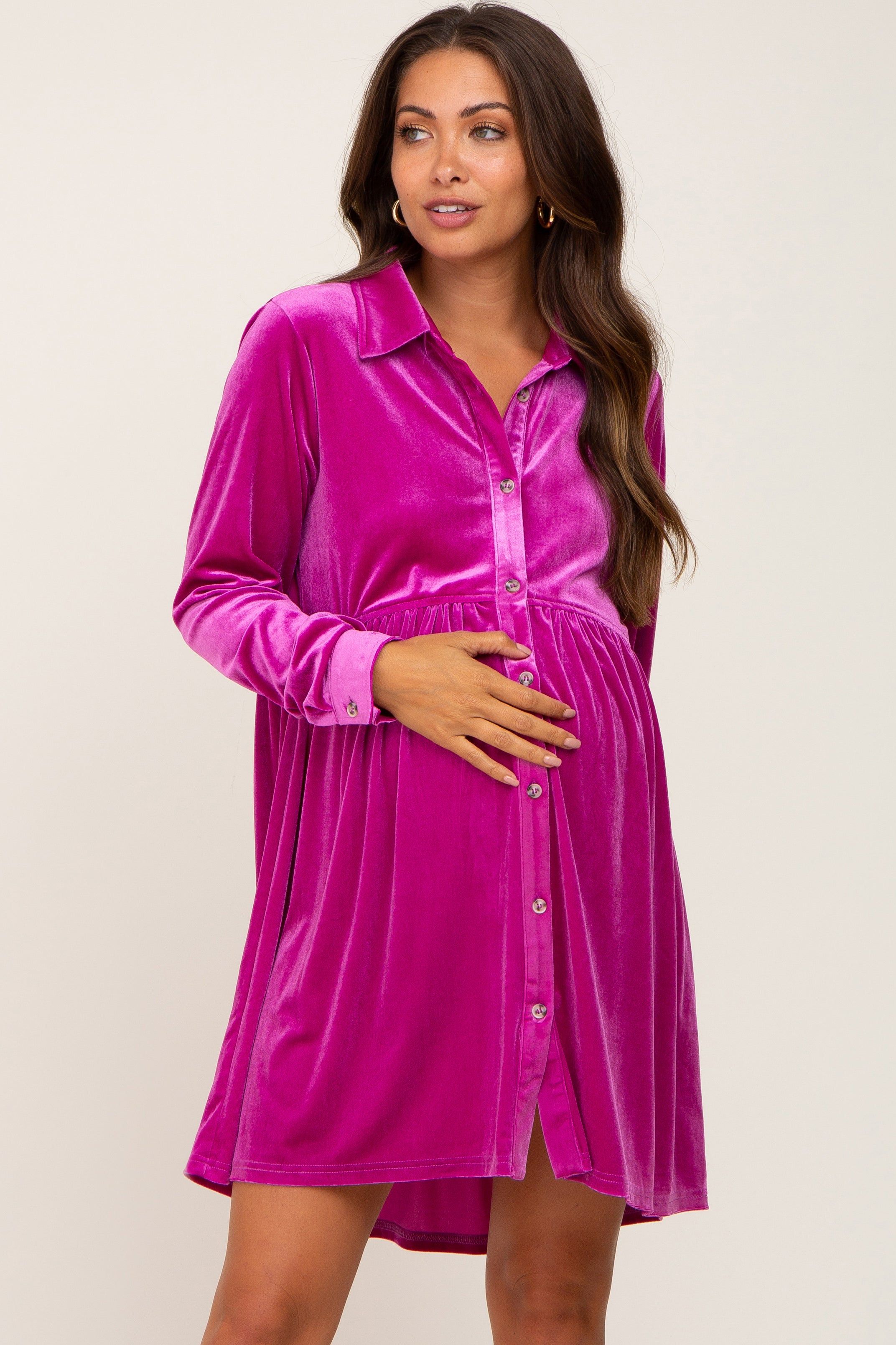 Magenta Velvet Button Down Maternity Mini Dress sold by Pinkblush