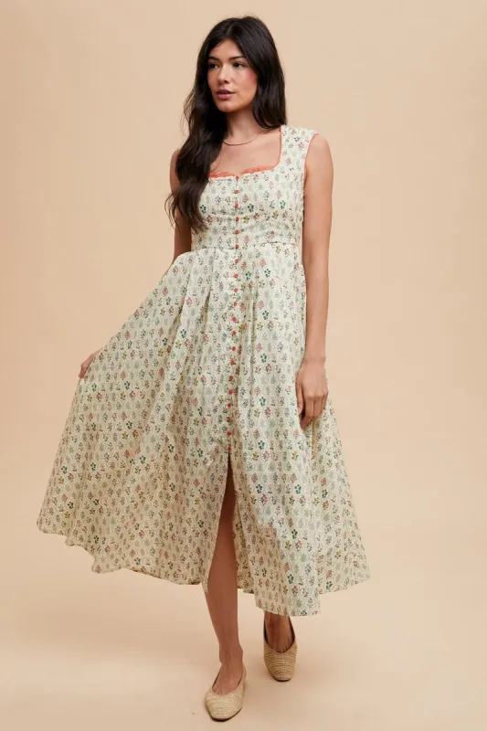 Cream Floral Button Front Sleeveless Maxi Dress sold by Pinkblush