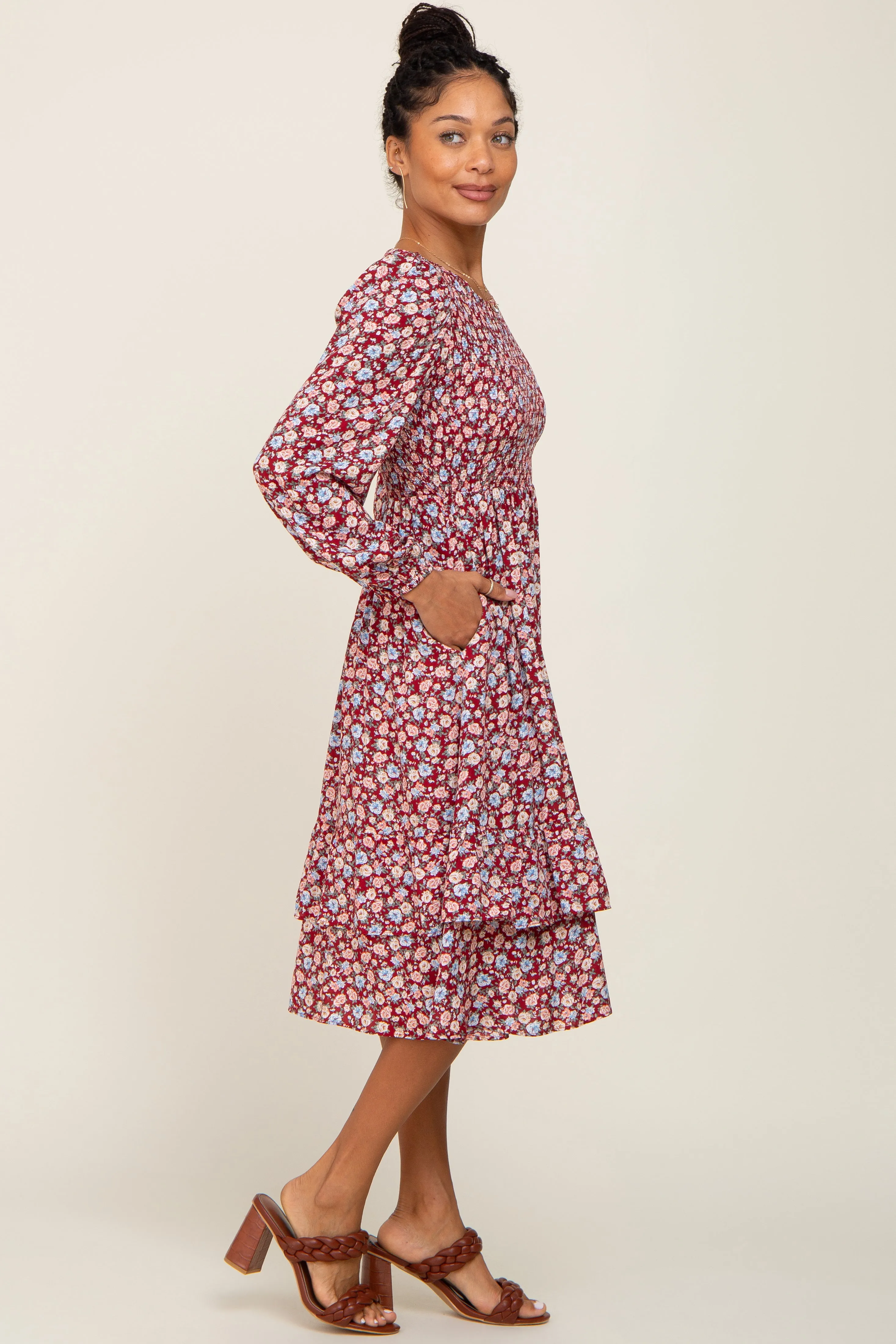 Burgundy Floral Smocked Long Sleeve Midi Dress sold by Pinkblush product image thumbnail 2