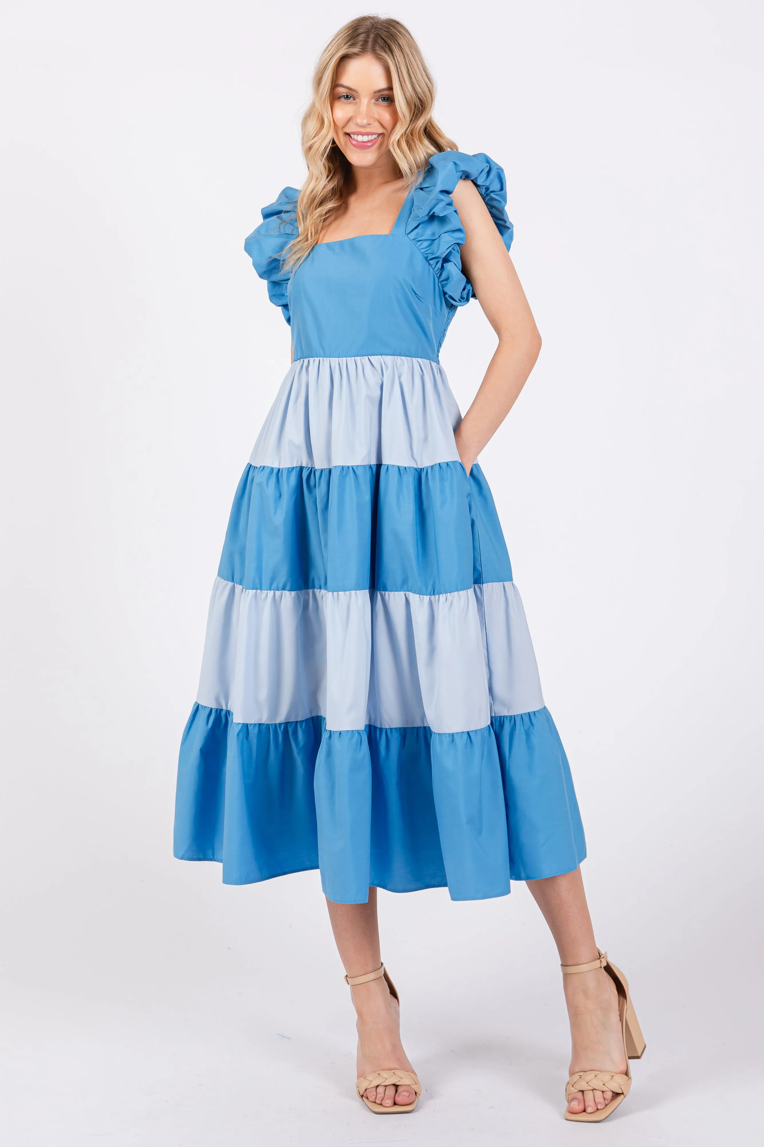 Blue Coloblock Puff Sleeve Maternity Midi Dress sold by Pinkblush product image thumbnail 4