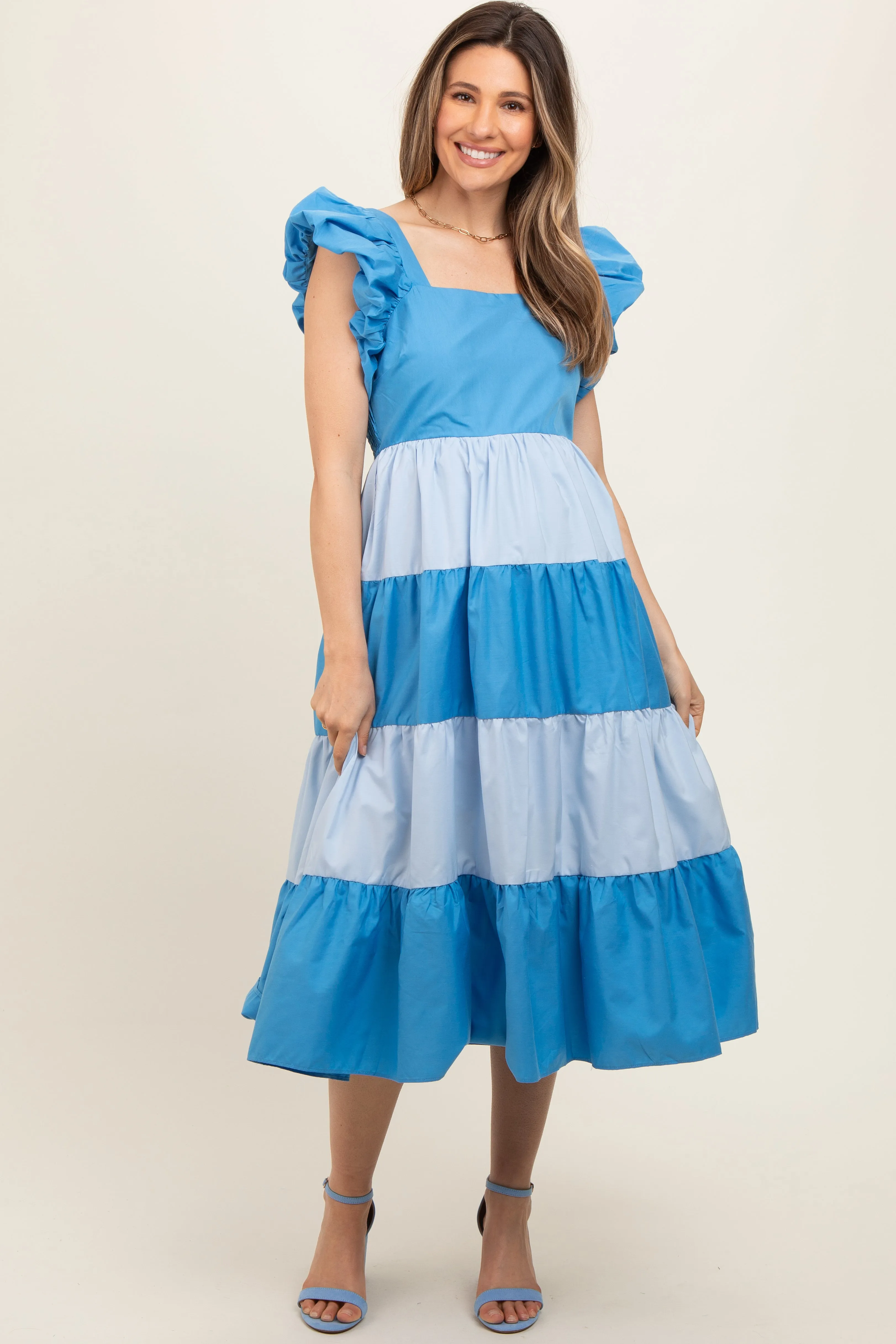 Blue Coloblock Puff Sleeve Maternity Midi Dress sold by Pinkblush product image thumbnail 2