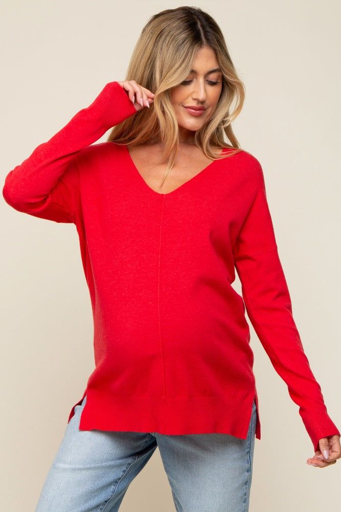 Red Long Sleeve Side Slit Maternity Sweater sold by Pinkblush product image thumbnail 2