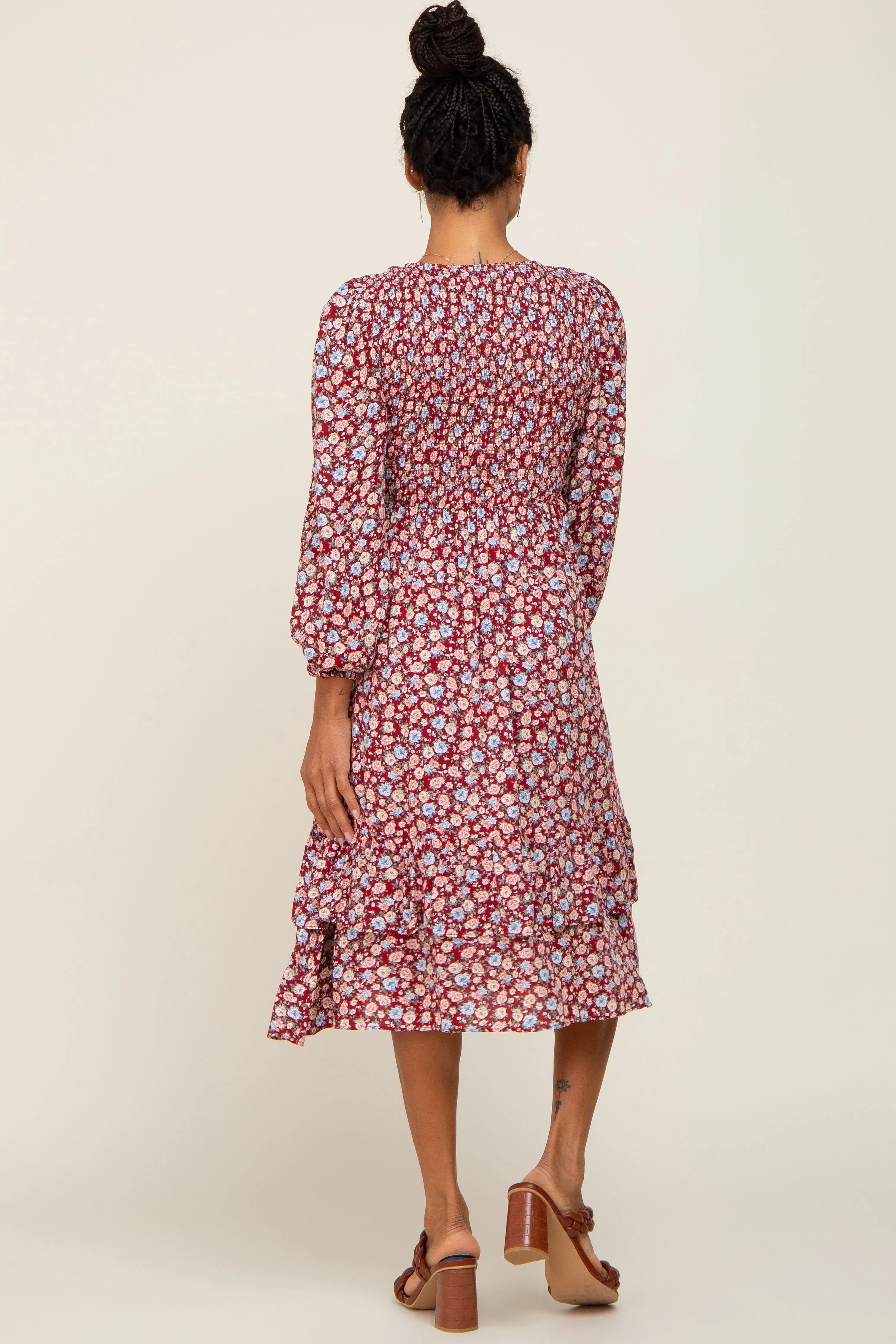 Burgundy Floral Smocked Long Sleeve Midi Dress sold by Pinkblush product image thumbnail 3