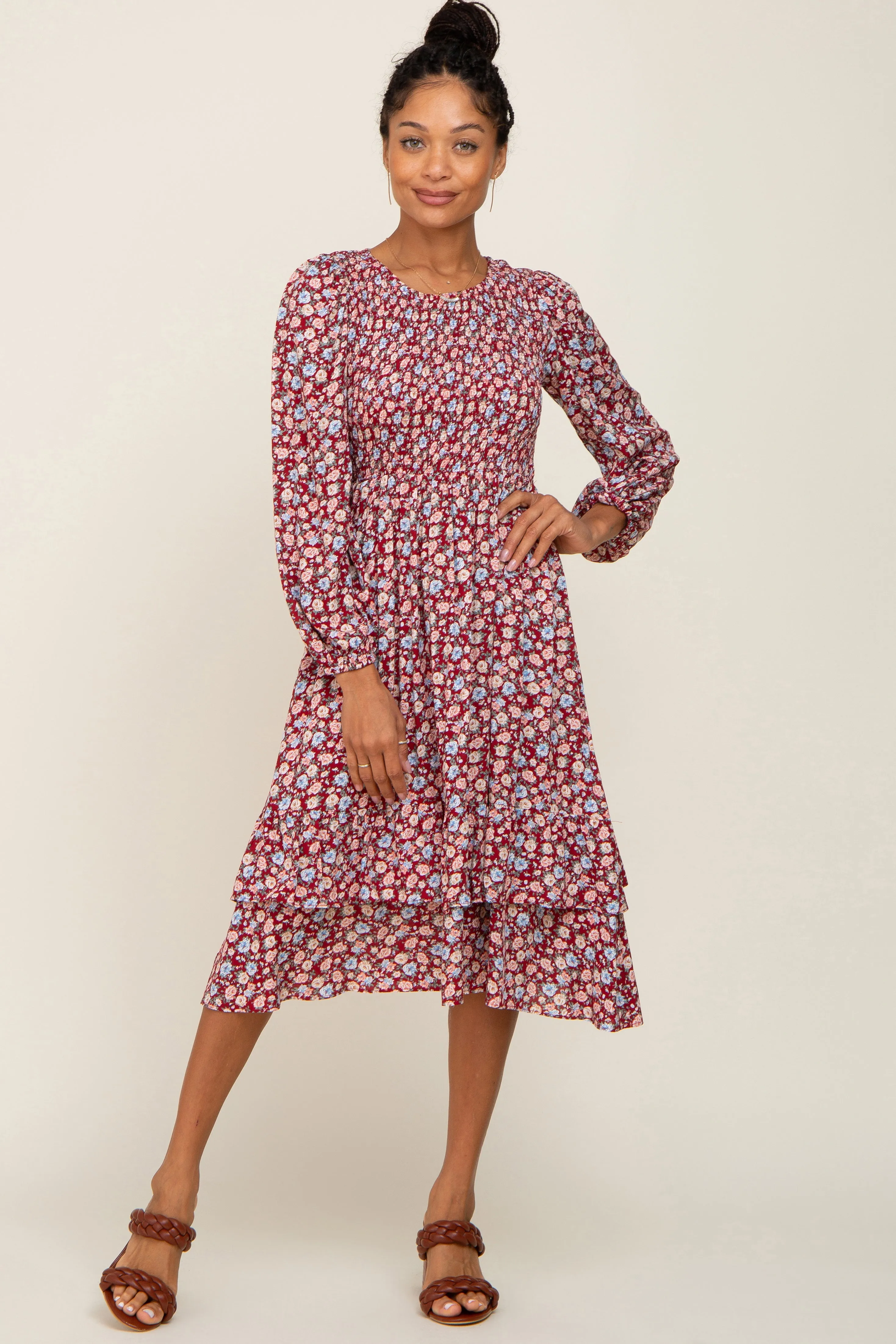 Burgundy Floral Smocked Long Sleeve Midi Dress sold by Pinkblush