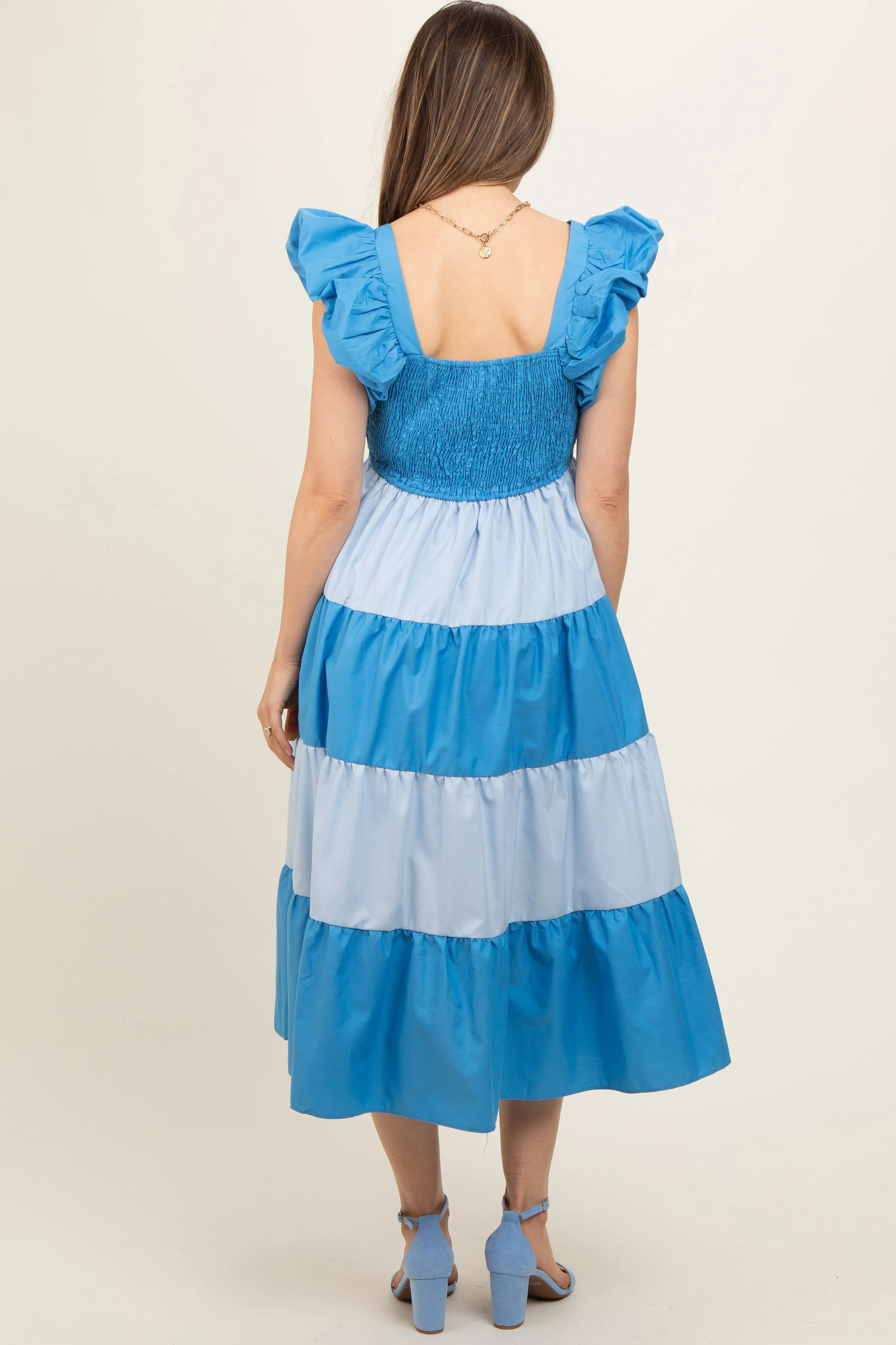 Blue Coloblock Puff Sleeve Maternity Midi Dress sold by Pinkblush product image thumbnail 3