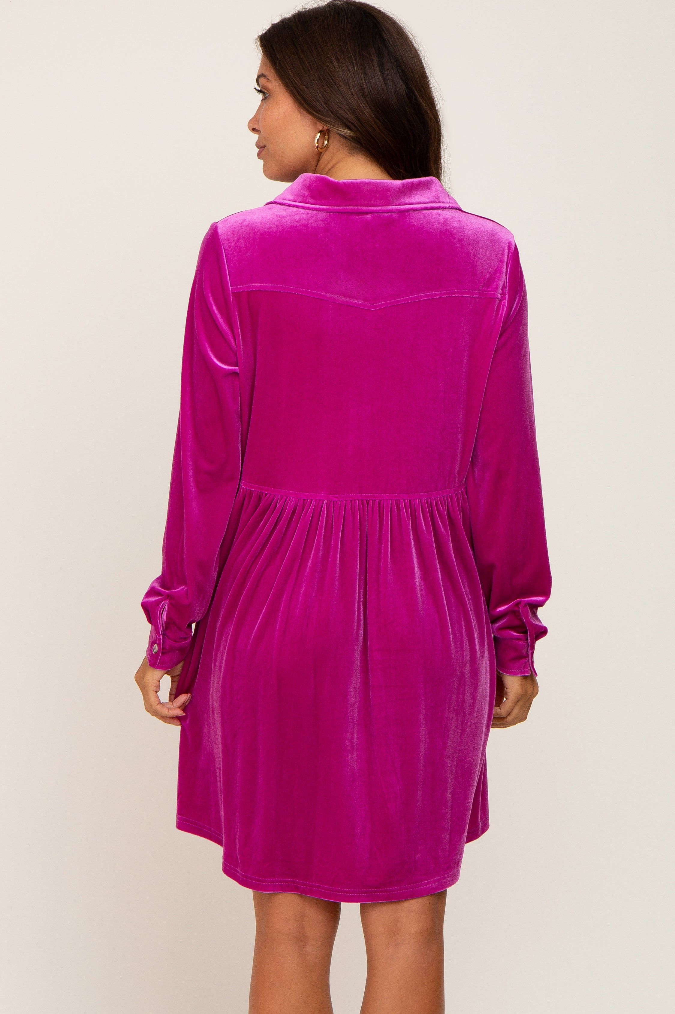 Magenta Velvet Button Down Maternity Mini Dress sold by Pinkblush product image thumbnail 3