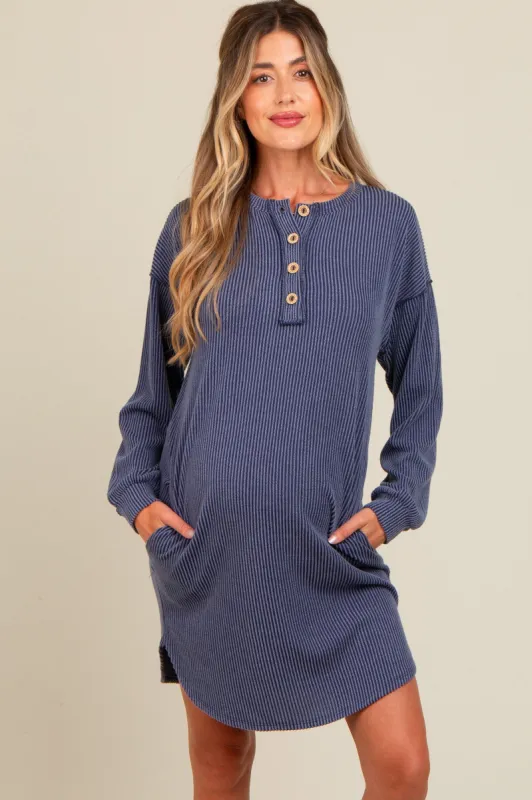 Navy Ribbed Button Accent Maternity Dress sold by Pinkblush