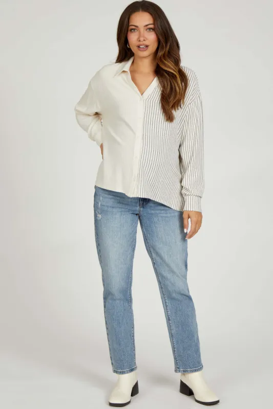 Beige Half Stripe Button Down Maternity Top sold by Pinkblush