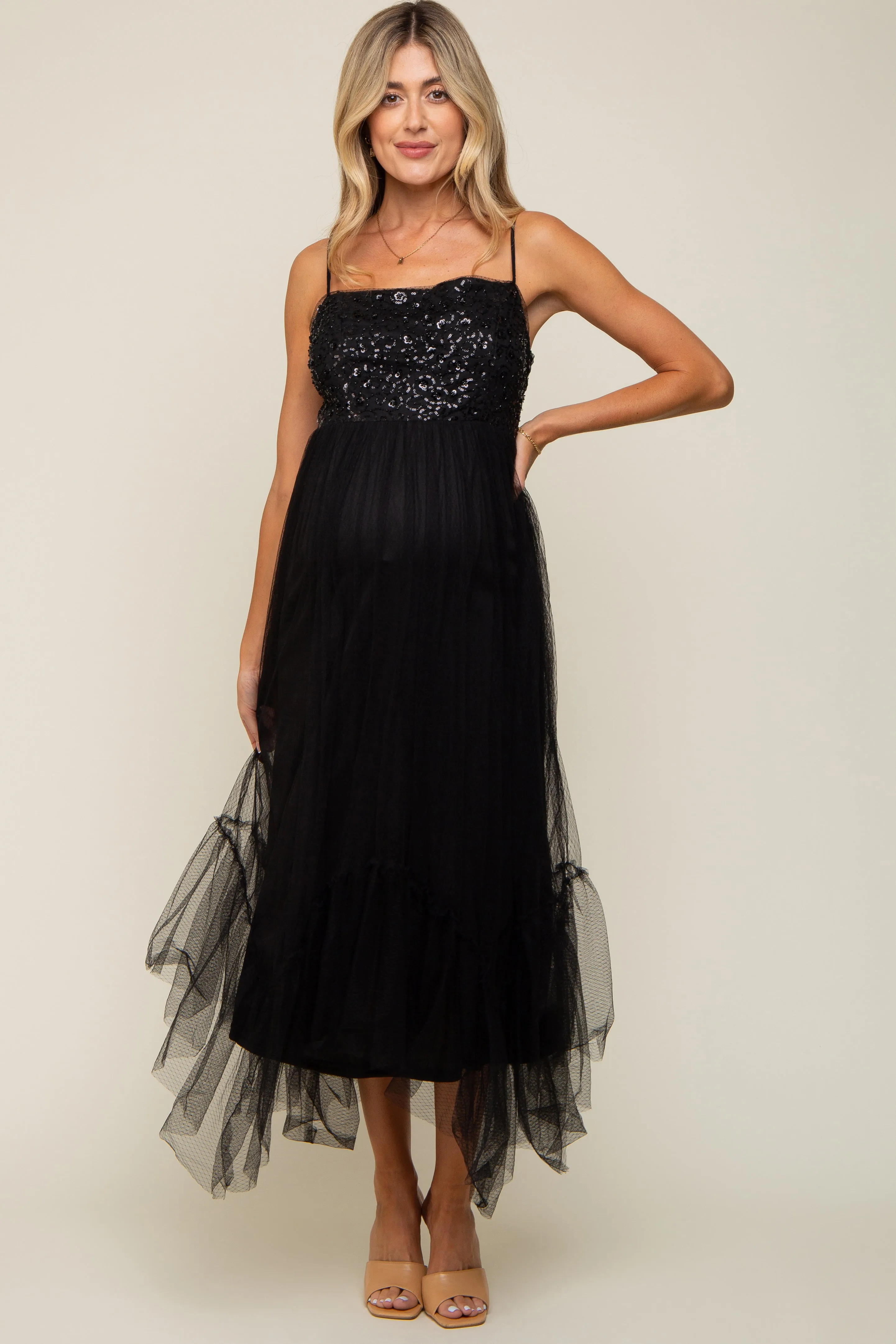 Black Sequin Top Tulle Maternity Midi Dress sold by Pinkblush product image thumbnail 4
