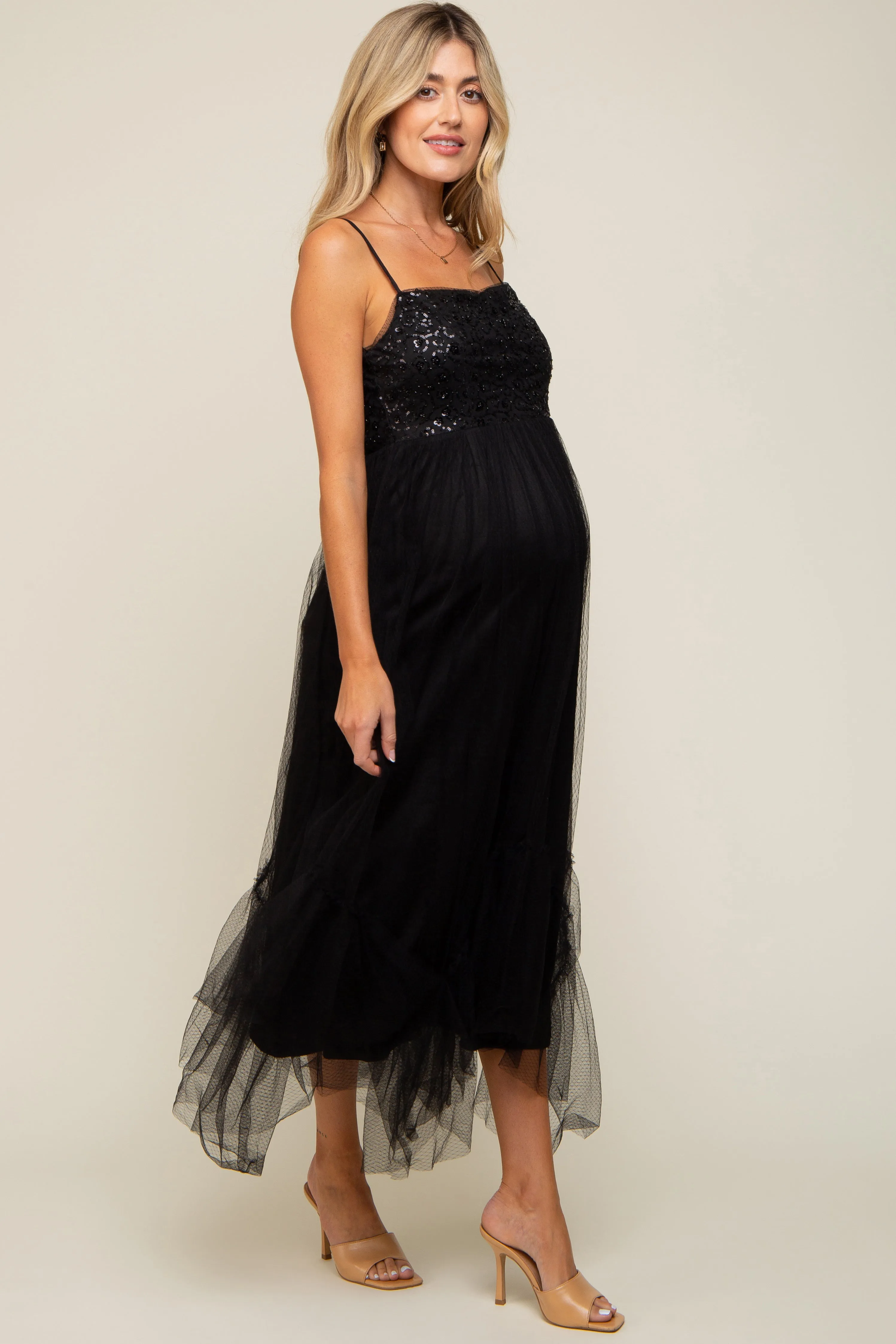 Black Sequin Top Tulle Maternity Midi Dress sold by Pinkblush