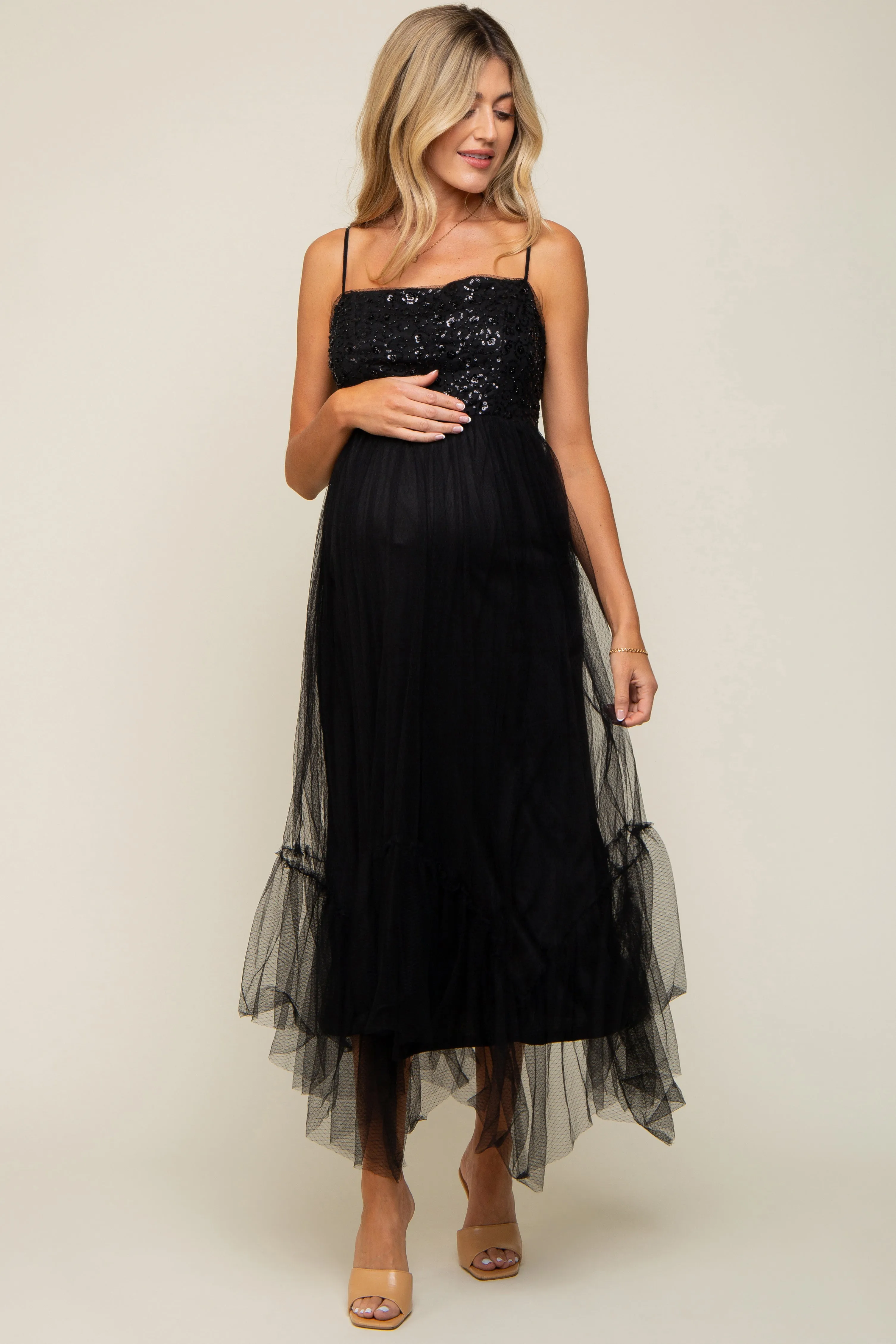 Black Sequin Top Tulle Maternity Midi Dress sold by Pinkblush product image thumbnail 2