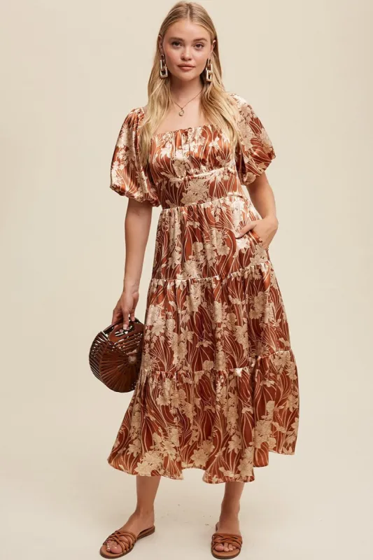 Brown Floral Print Puff Sleeve Silky Satin Midi Dress sold by Pinkblush