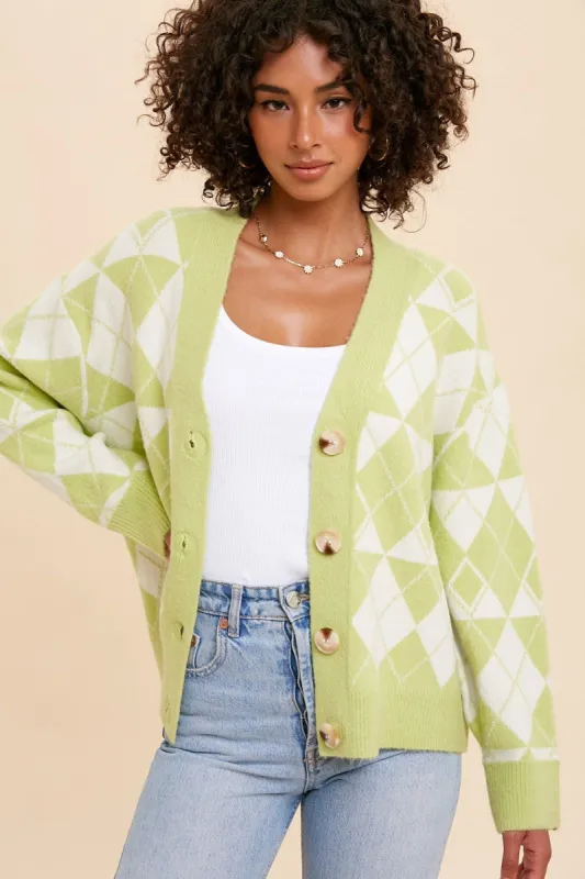 Light Olive Argyle Button Front Cardigan sold by Pinkblush