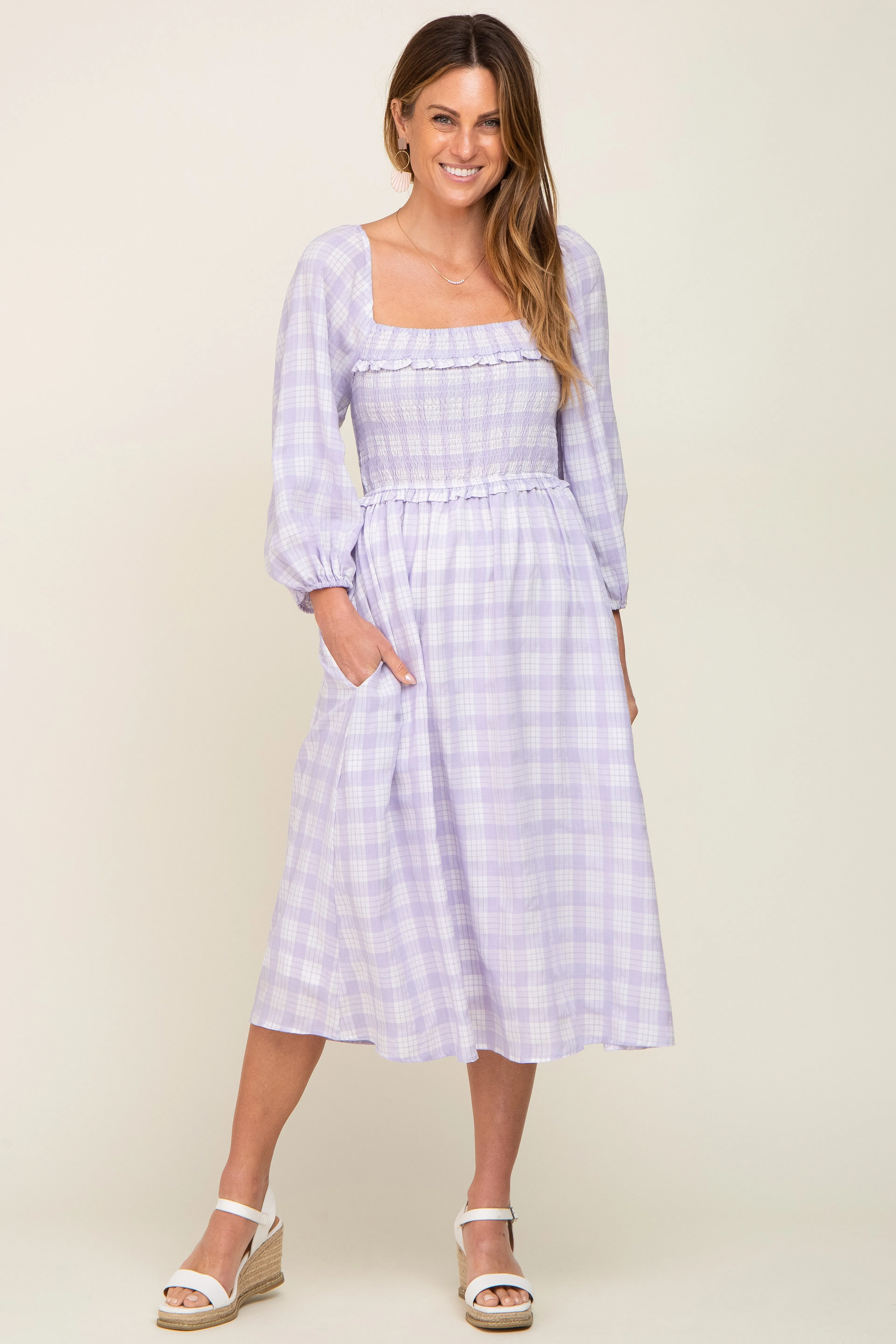 Lavender Plaid Smocked Square Neck Lace-Up Back Midi Dress sold by Pinkblush