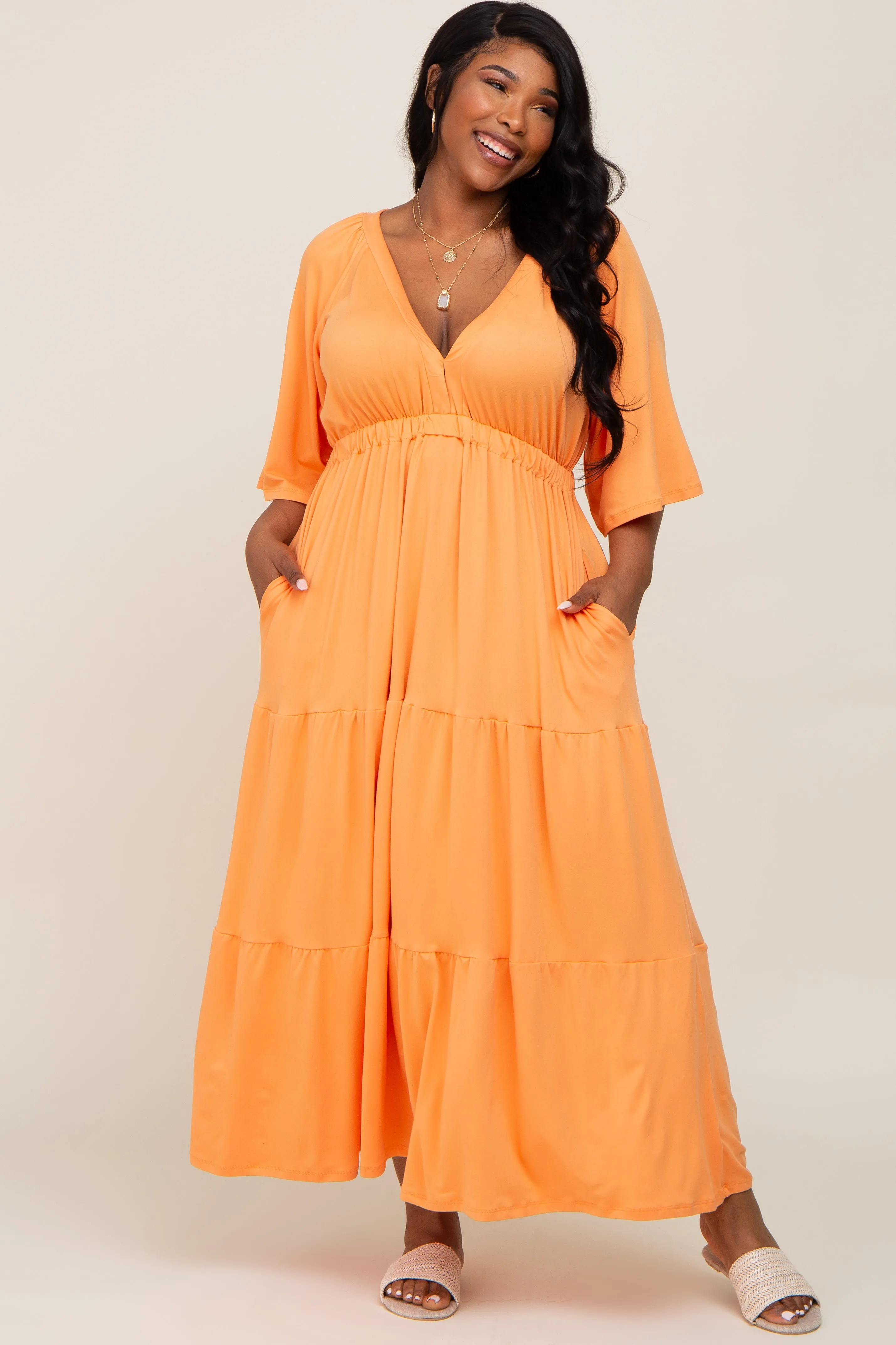 Orange Deep V-Neck Tiered Plus Maxi Dress sold by Pinkblush product image thumbnail 4