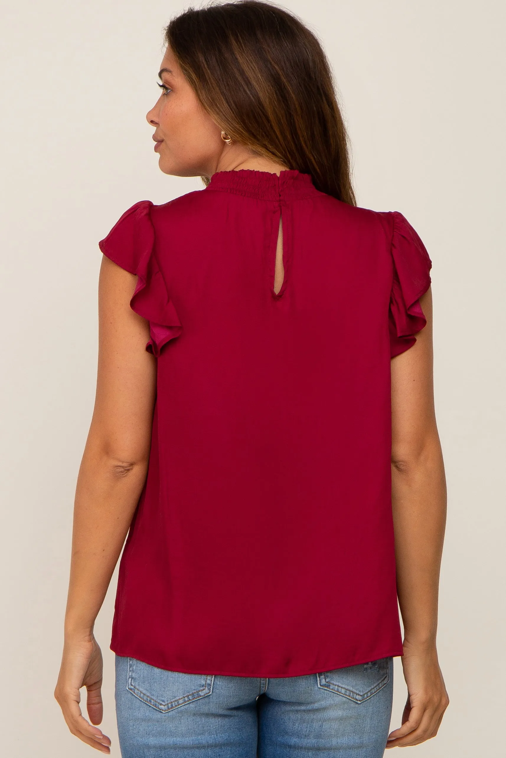 Burgundy Mock Neck Flutter Maternity Blouse sold by Pinkblush product image thumbnail 3