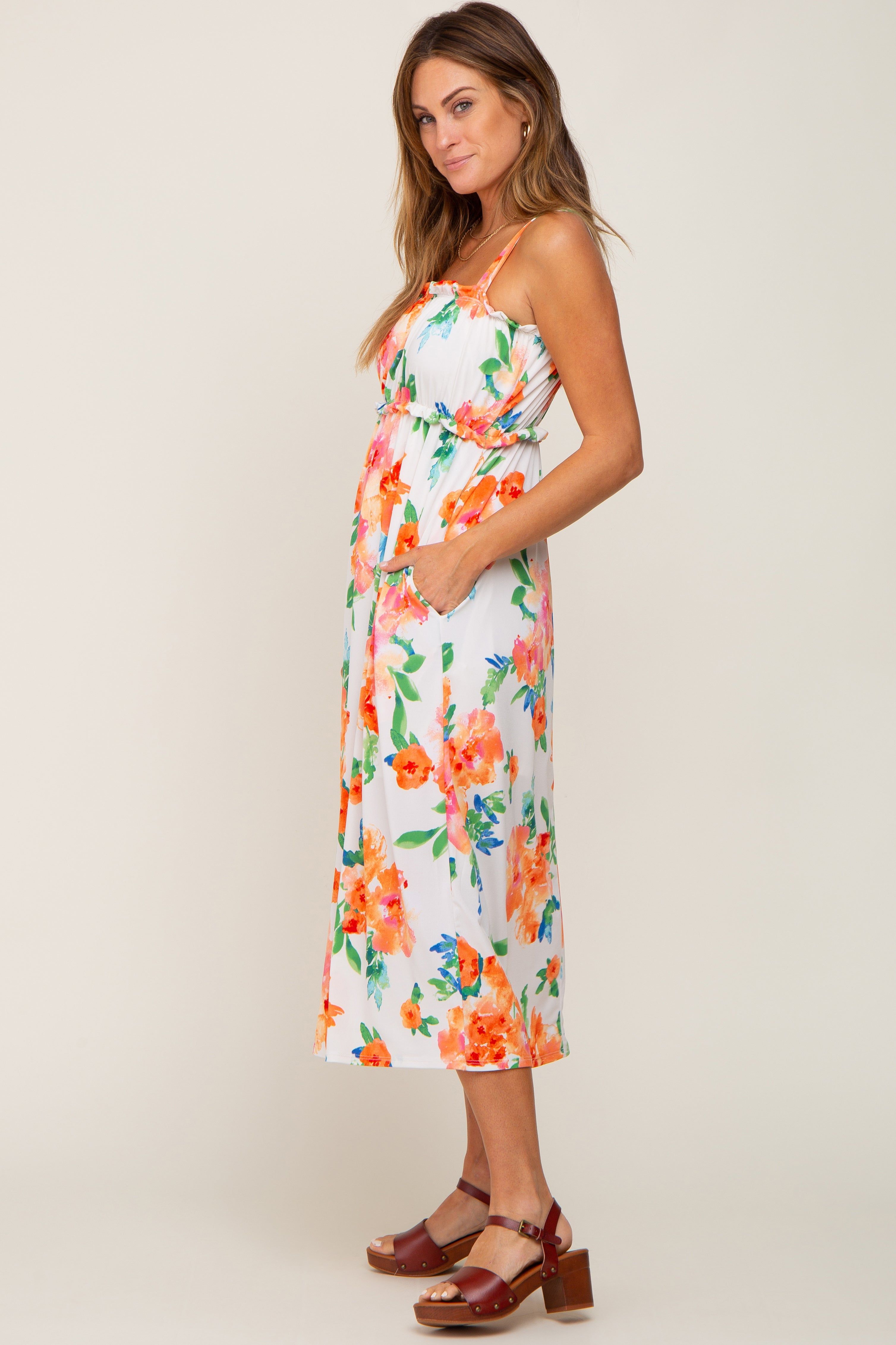 Ivory Floral Square Neck Ruffle Midi Dress sold by Pinkblush product image thumbnail 2