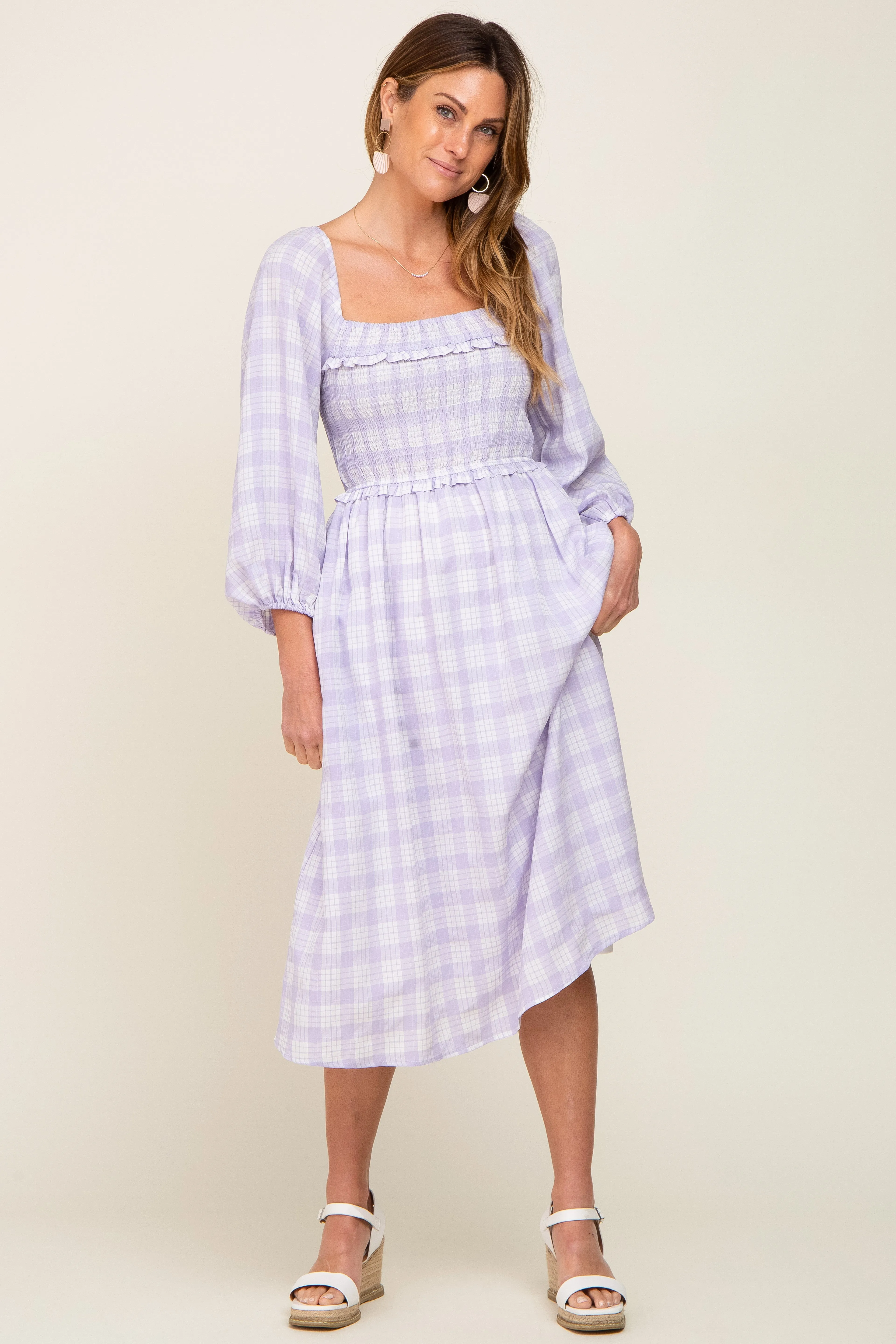 Lavender Plaid Smocked Square Neck Lace-Up Back Midi Dress sold by Pinkblush product image thumbnail 5
