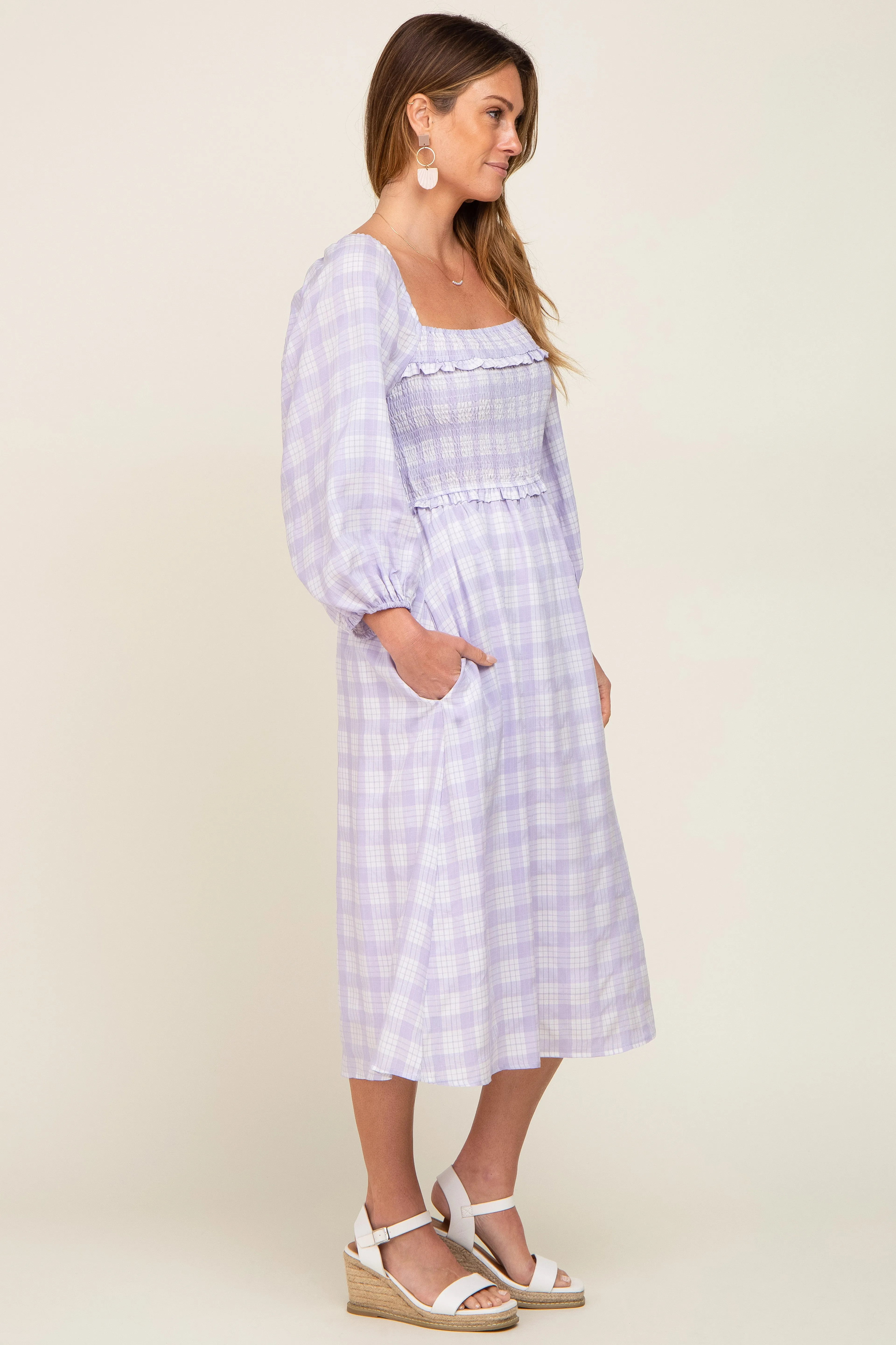 Lavender Plaid Smocked Square Neck Lace-Up Back Midi Dress sold by Pinkblush product image thumbnail 2