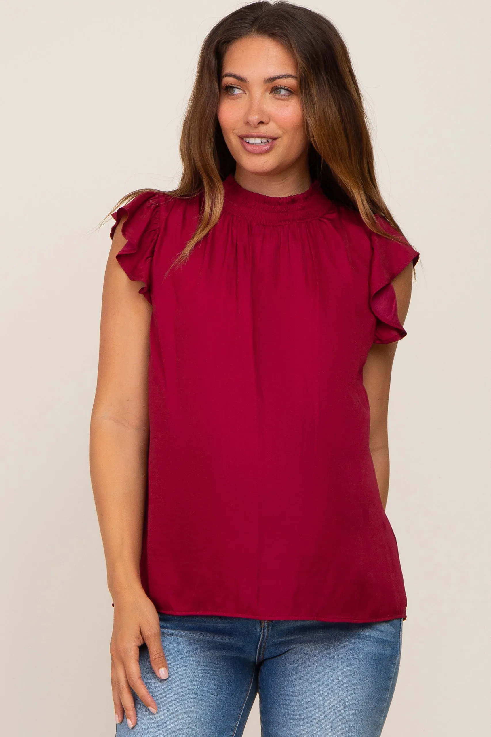 Burgundy Mock Neck Flutter Maternity Blouse sold by Pinkblush