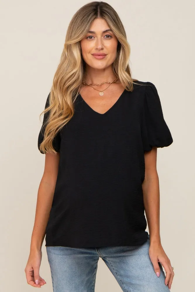 Black Puff Sleeve V-Neck Maternity Top sold by Pinkblush