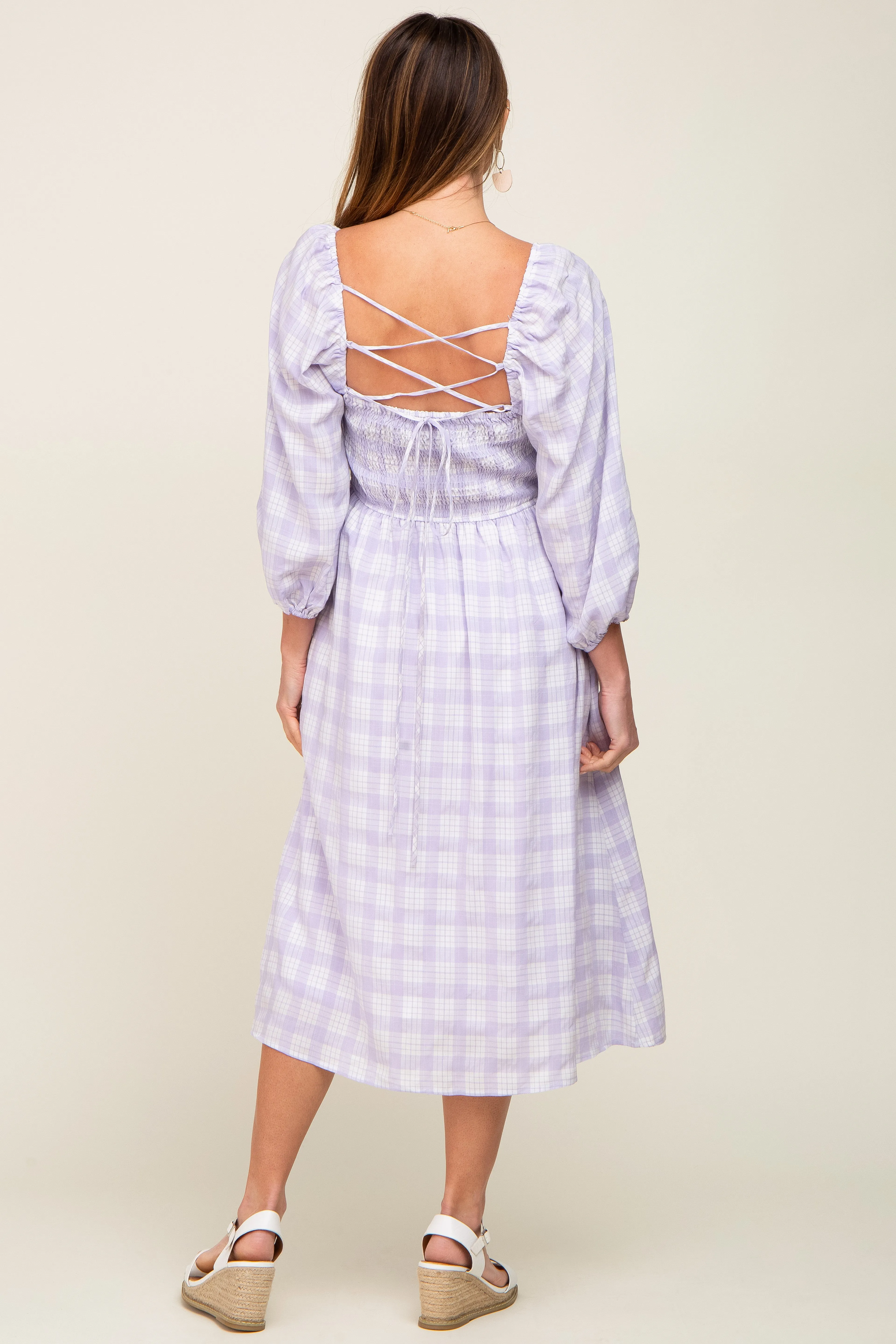 Lavender Plaid Smocked Square Neck Lace-Up Back Midi Dress sold by Pinkblush product image thumbnail 3