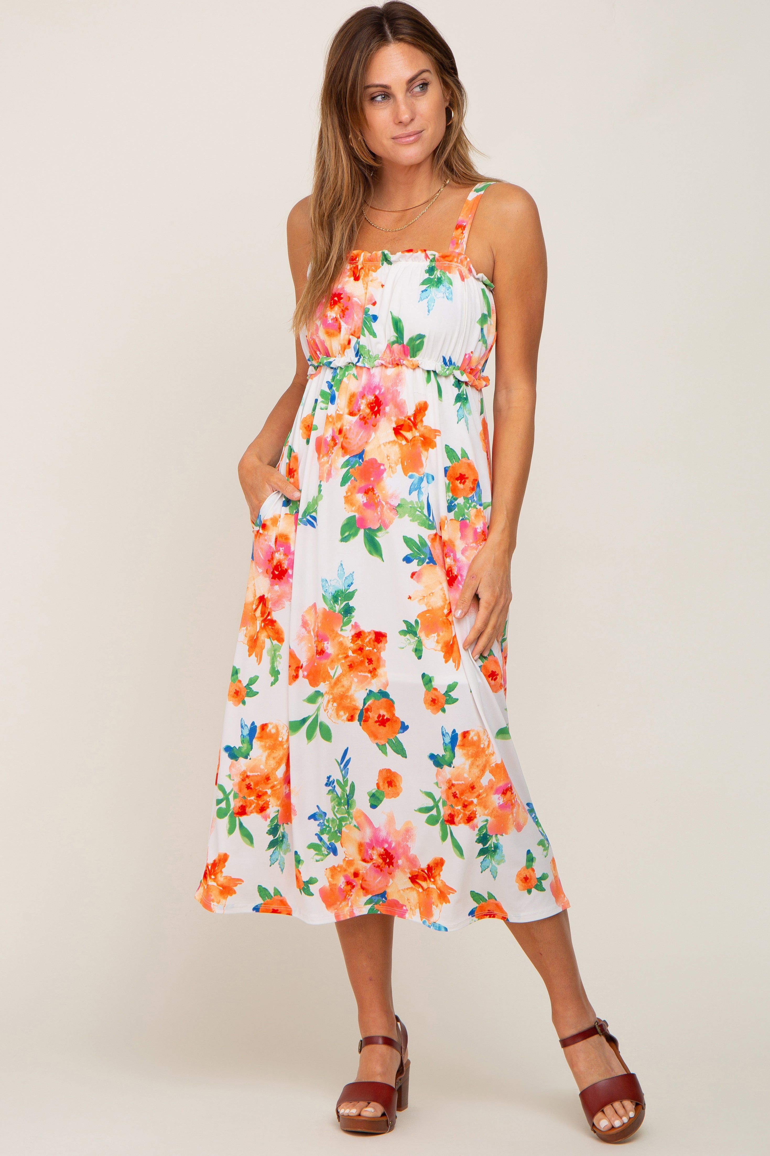 Ivory Floral Square Neck Ruffle Midi Dress sold by Pinkblush