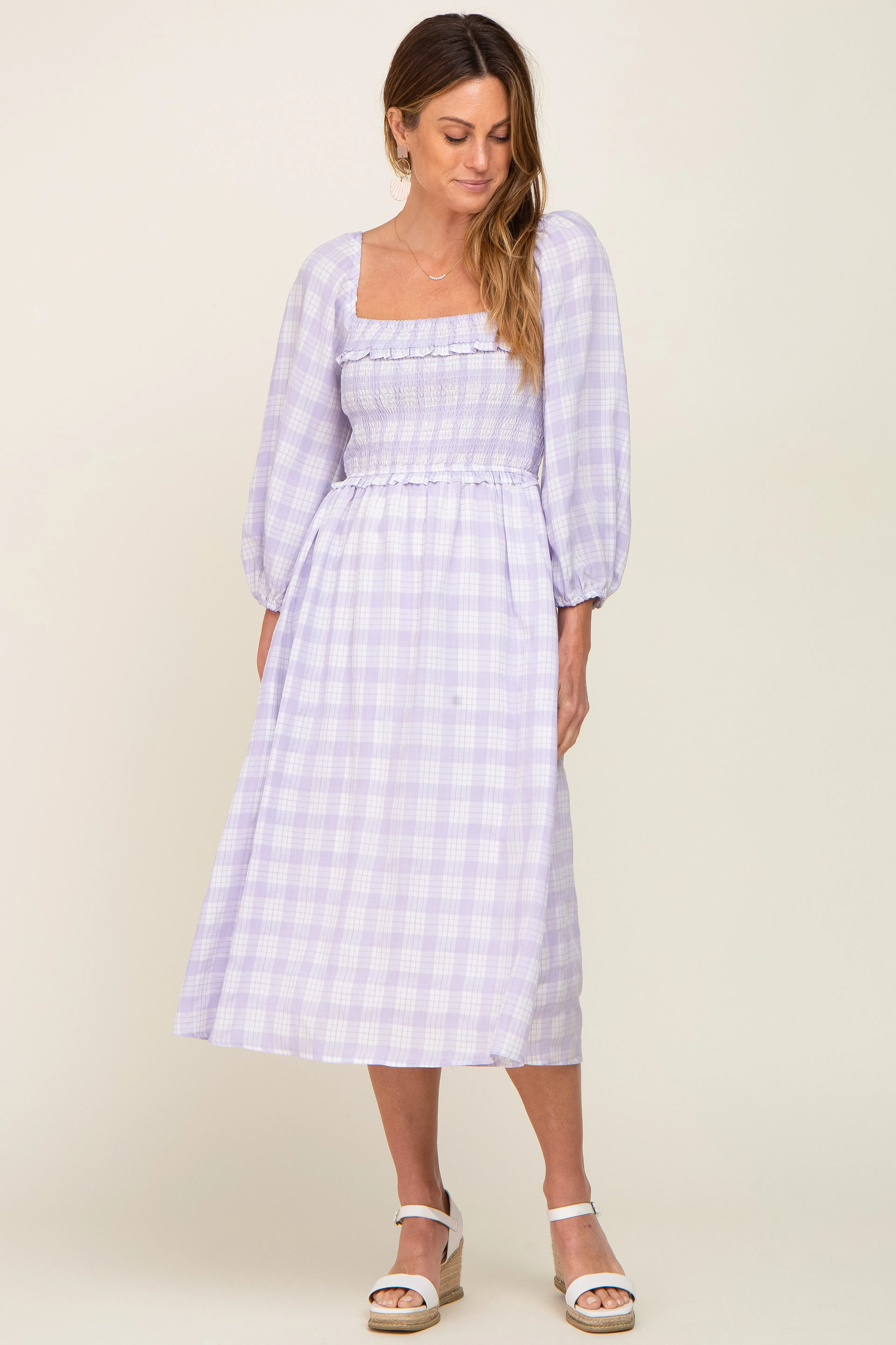 Lavender Plaid Smocked Square Neck Lace-Up Back Midi Dress sold by Pinkblush product image thumbnail 4