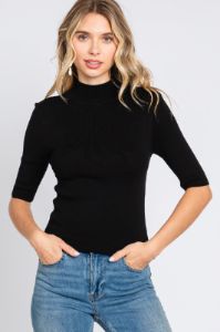 Black Mock Neck Short Sleeve Knit Top sold by Pinkblush