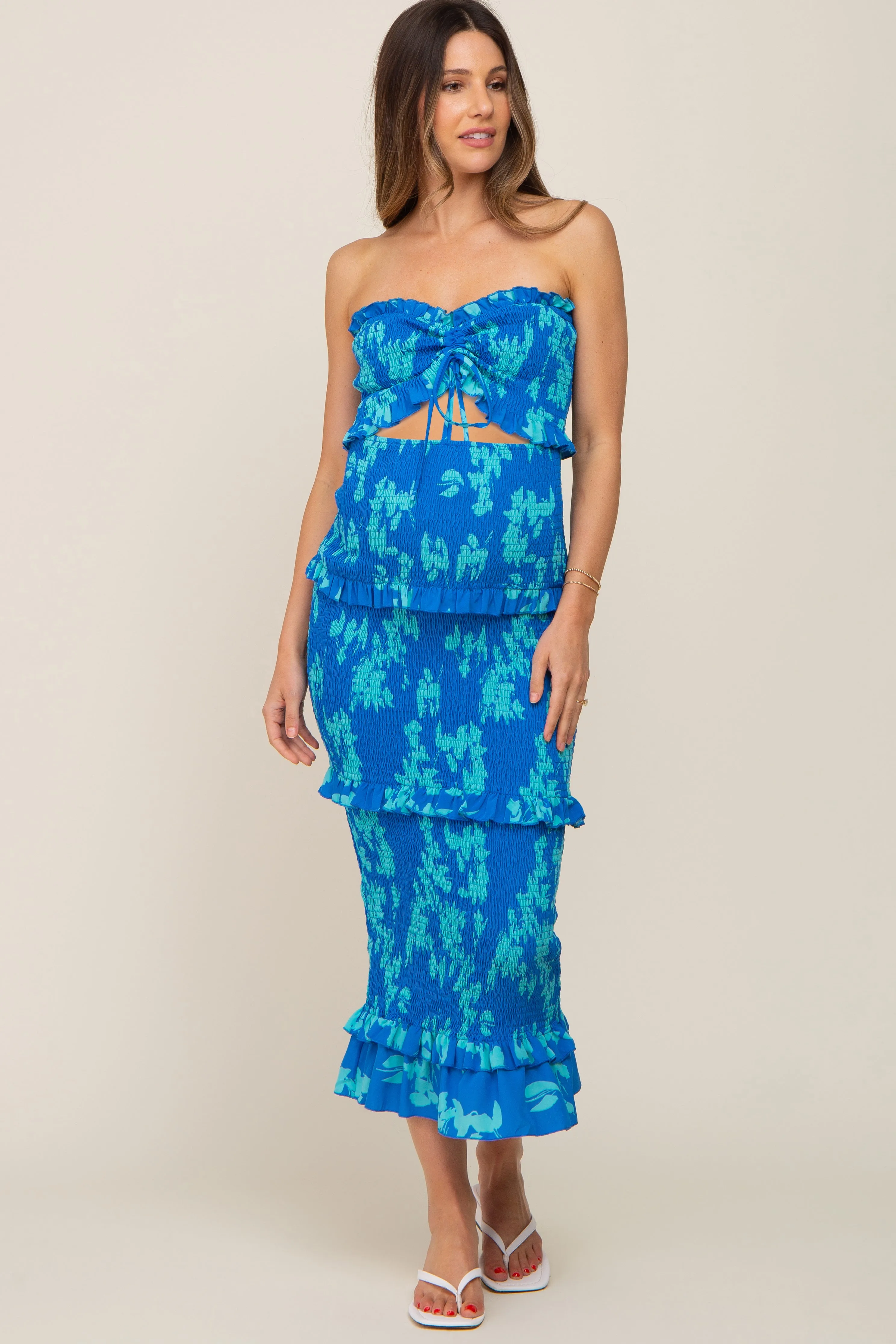 Blue Floral Smocked Drawstring Front Cutout Ruffle Trim Maternity Midi Dress sold by Pinkblush product image thumbnail 4