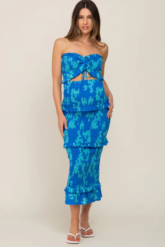 Blue Floral Smocked Drawstring Front Cutout Ruffle Trim Maternity Midi Dress sold by Pinkblush